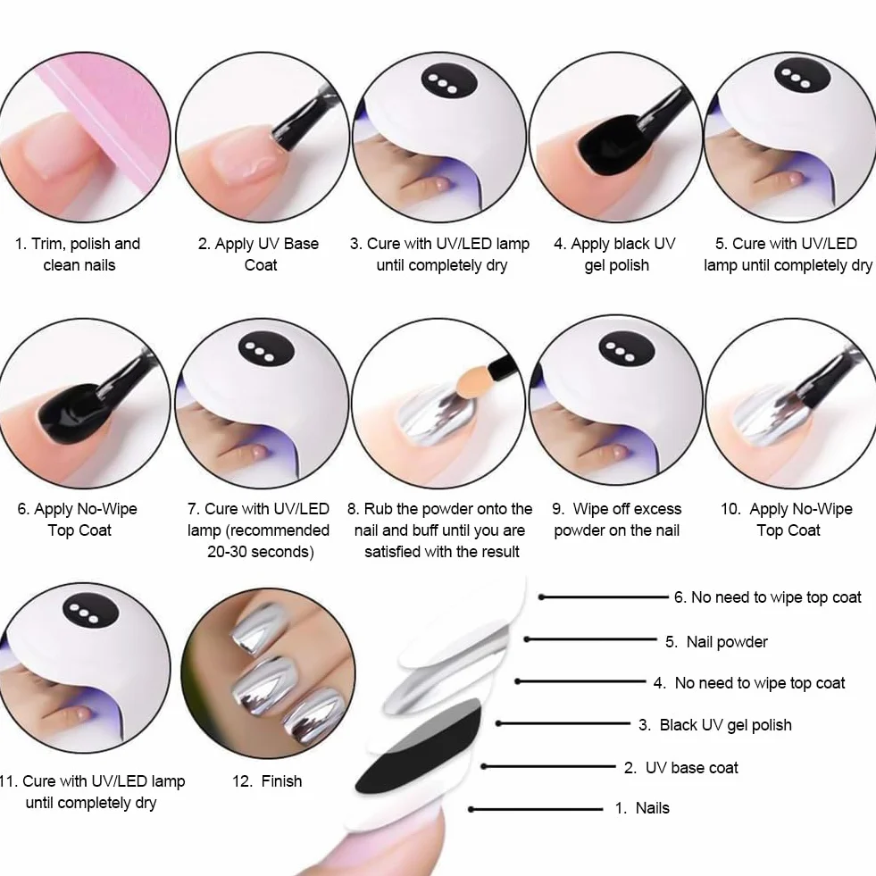 LOPHE Lot de 12 pots poudre à ongles effet miroir métallique brillant avec 12 bâtons ombres à paupières poudre pigmentée