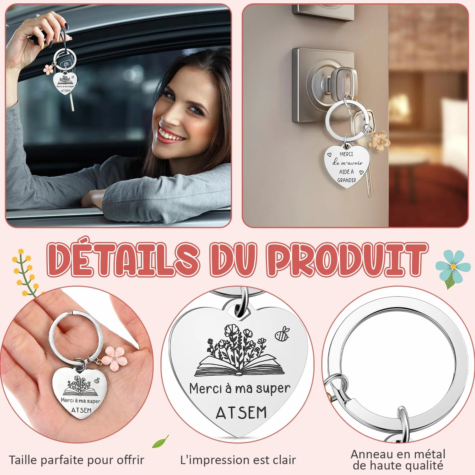 Hestya Trousse de Maquillage Pochette Toilettes Porte Clés Stylo à Bille pour Maitresse d'École ATSEM AESH Fin d'Année Cadeaux Merci