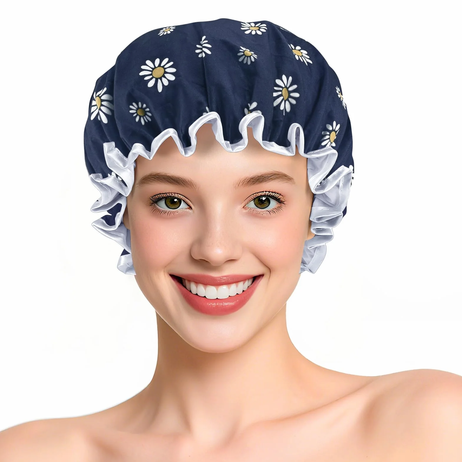 Bonnet de douche imperméable double couche pour femme motif floral unique réutilisable Marguerite Bleu Foncé