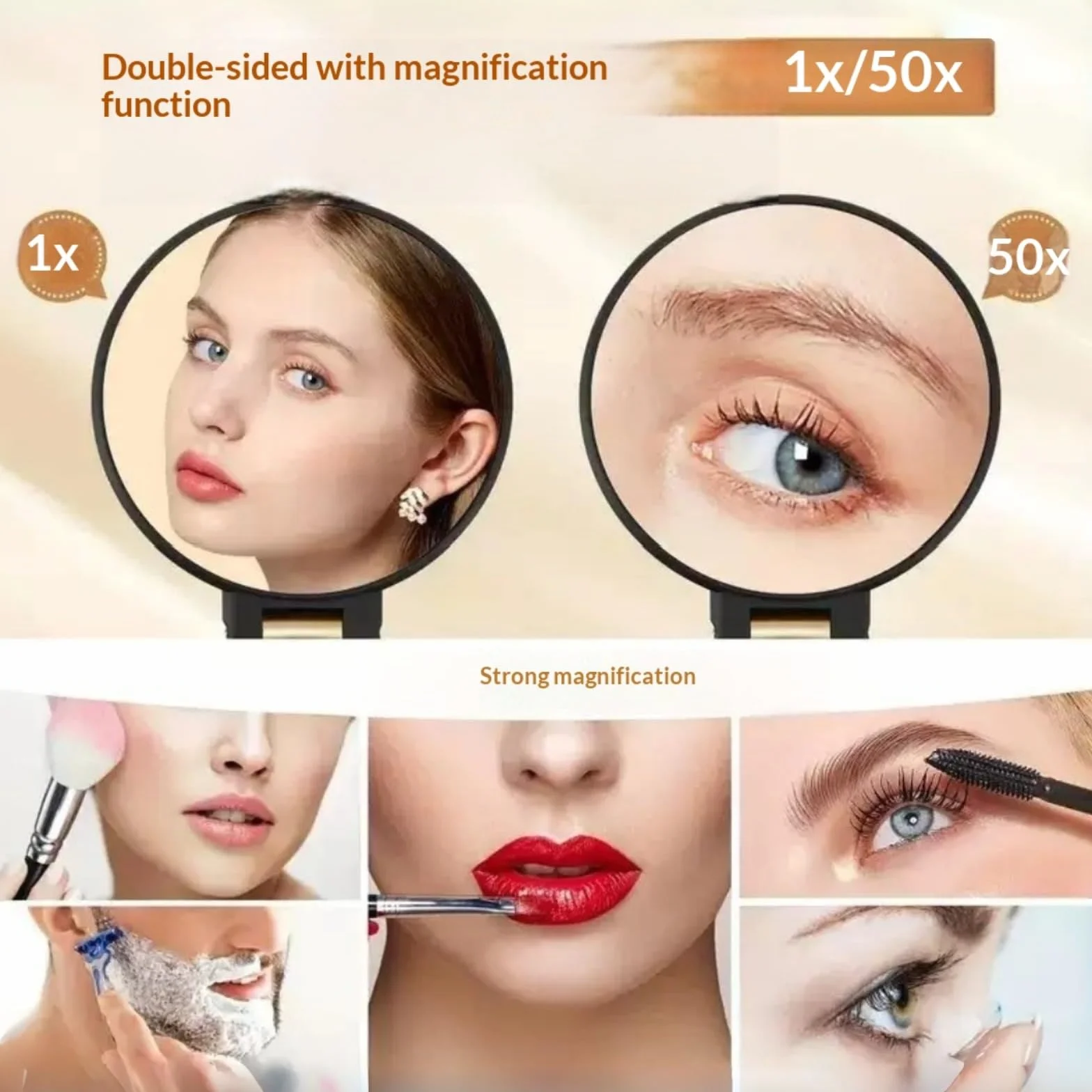 Miroir Grossissant de Maquillage x50, Double Face Portable Mural avec Poignée Réglable 360°