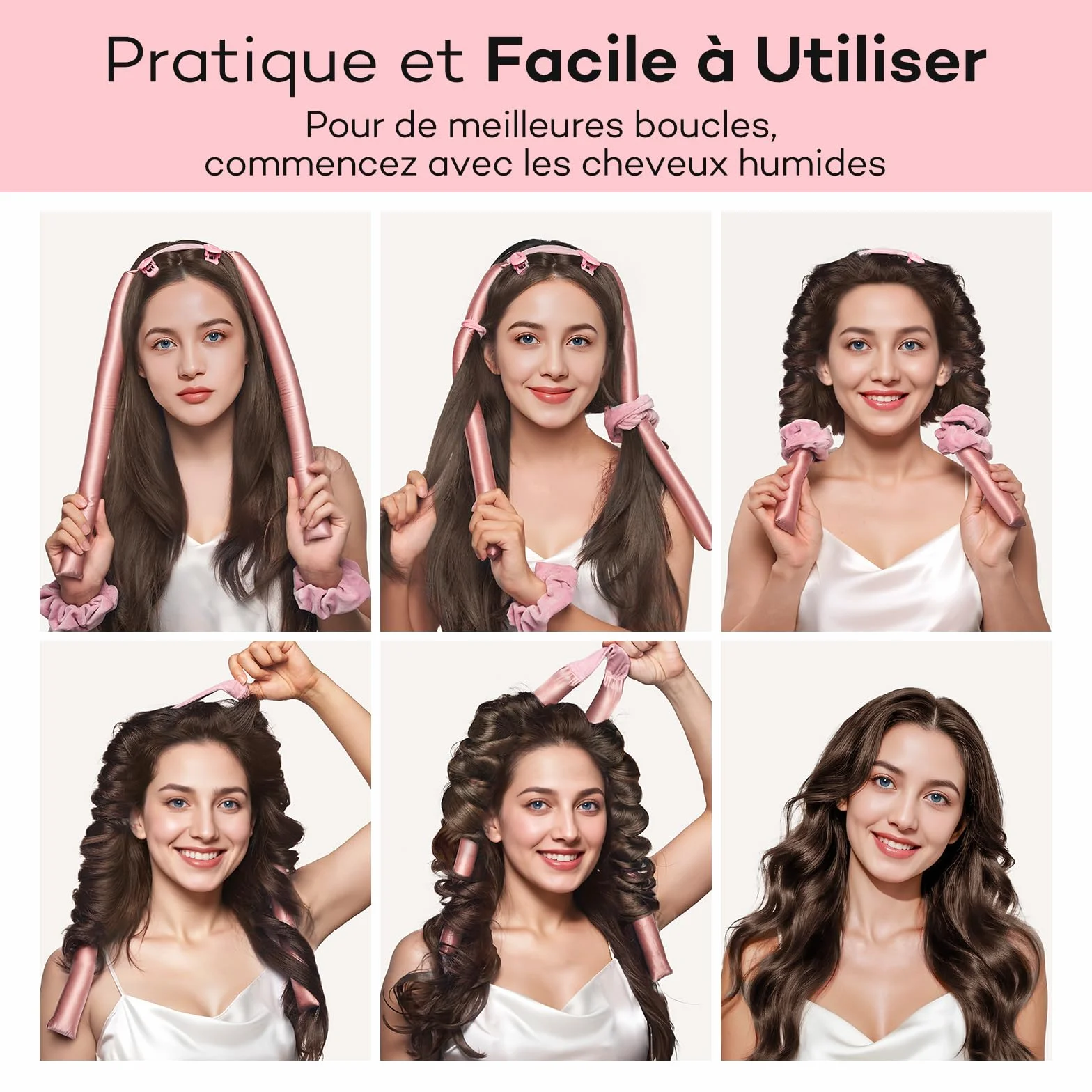 Umisleep Tresseur Sans Chaleur,Set de Boucles en Soie Protège les Cheveux,Tresseur de Boucles 99cm pour la Nuit,Bande DIY pour Boucles Sans Chaleur pour Cheveux Longs (Rose)