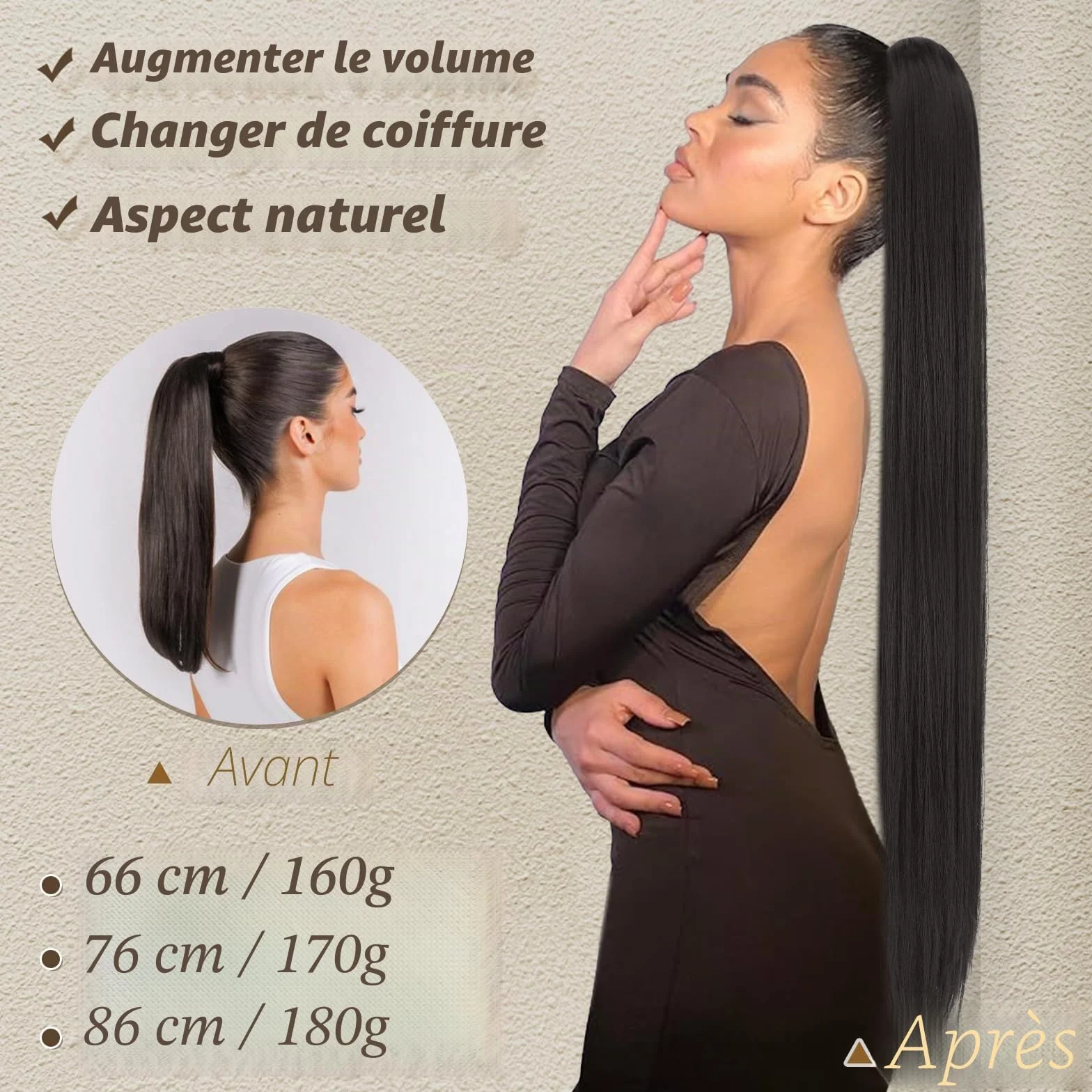 BARSDAR Queue de Cheval Extension avec Cordon, 86cm Longue Raides Queue de Cheval Extension Cheveux Synthétique Faux Ponytail Postiche Clip in Ponytail pour Femmes Quotidienne - Brun Foncé