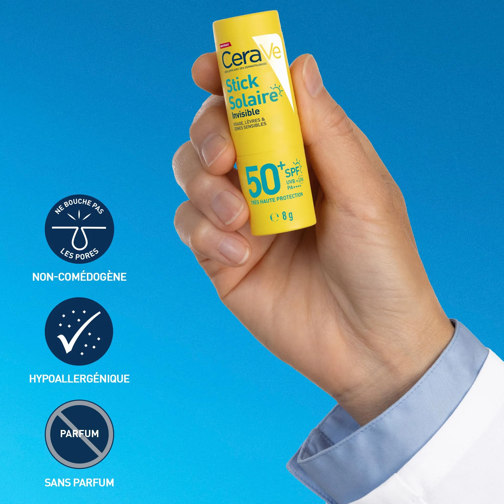CeraVe Stick Solaire Invisible SPF 50+ Visage 3 Céramides Hypoallergénique