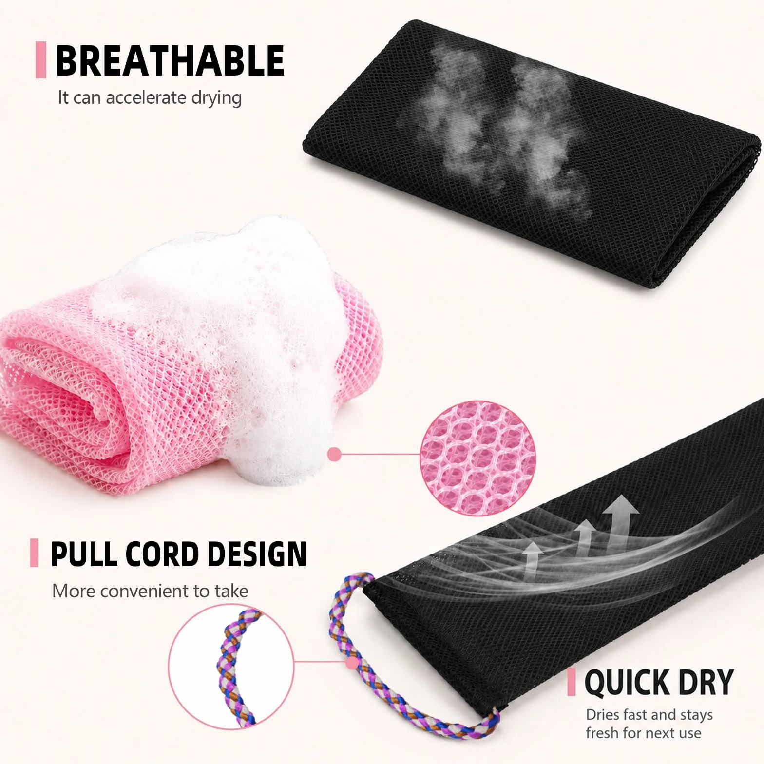 Serviette Exfoliante Réutilisable Filet de Douche Africain Nylon Résistant pour Corps Femmes Hommes Noir Rose