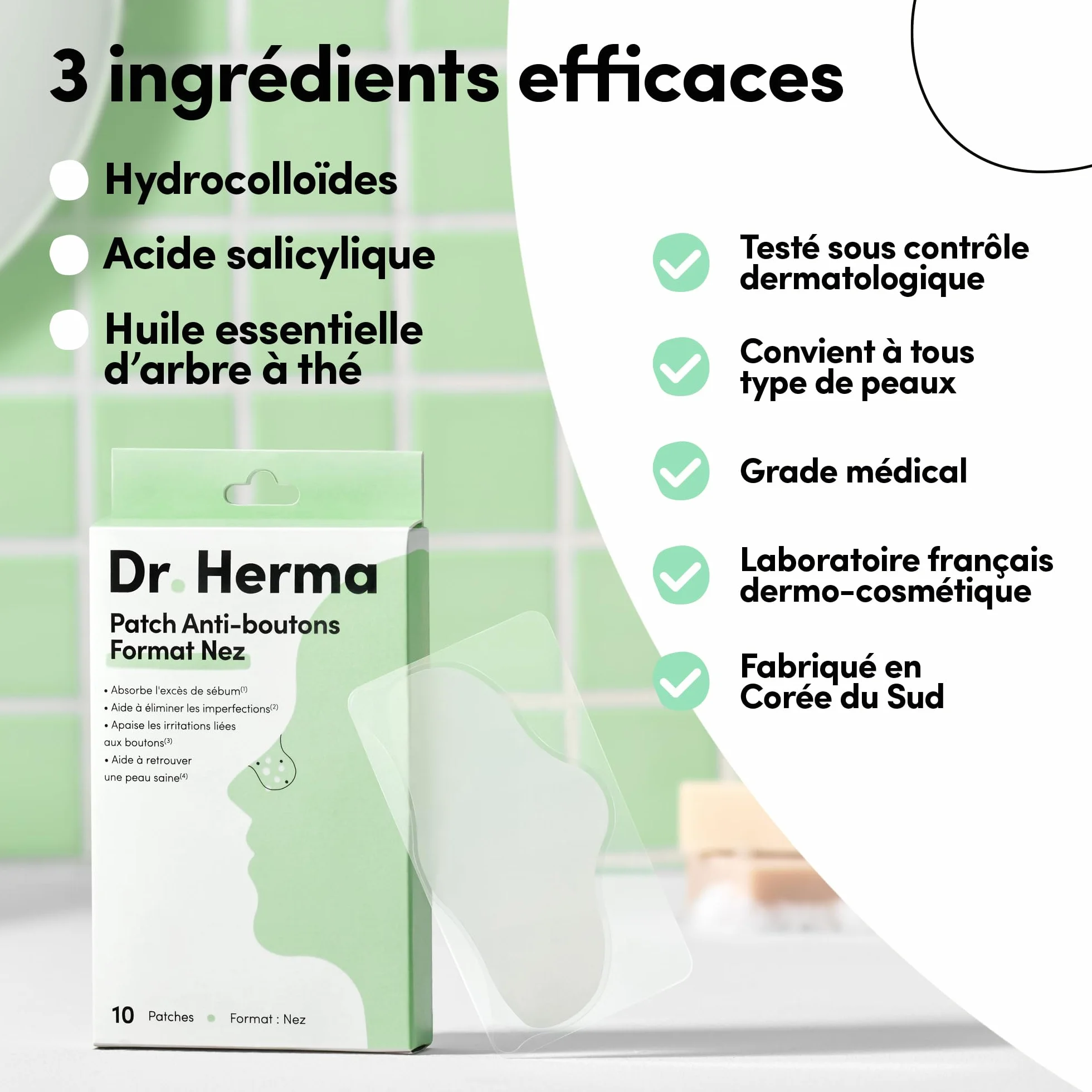 Dr. Herma Patch Anti Bouton Acide Salicylique Hydrocolloïdes Huile d'Arbre à Thé Boîte de 10 patchs
