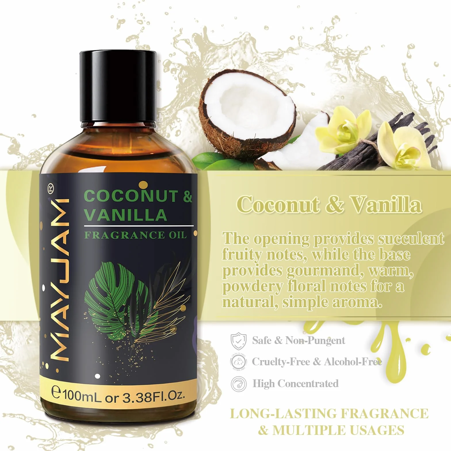 MAYJAM Huile Essentielle Noix De Coco Vanille 100ml Parfumée Diffuseur Aromathérapie