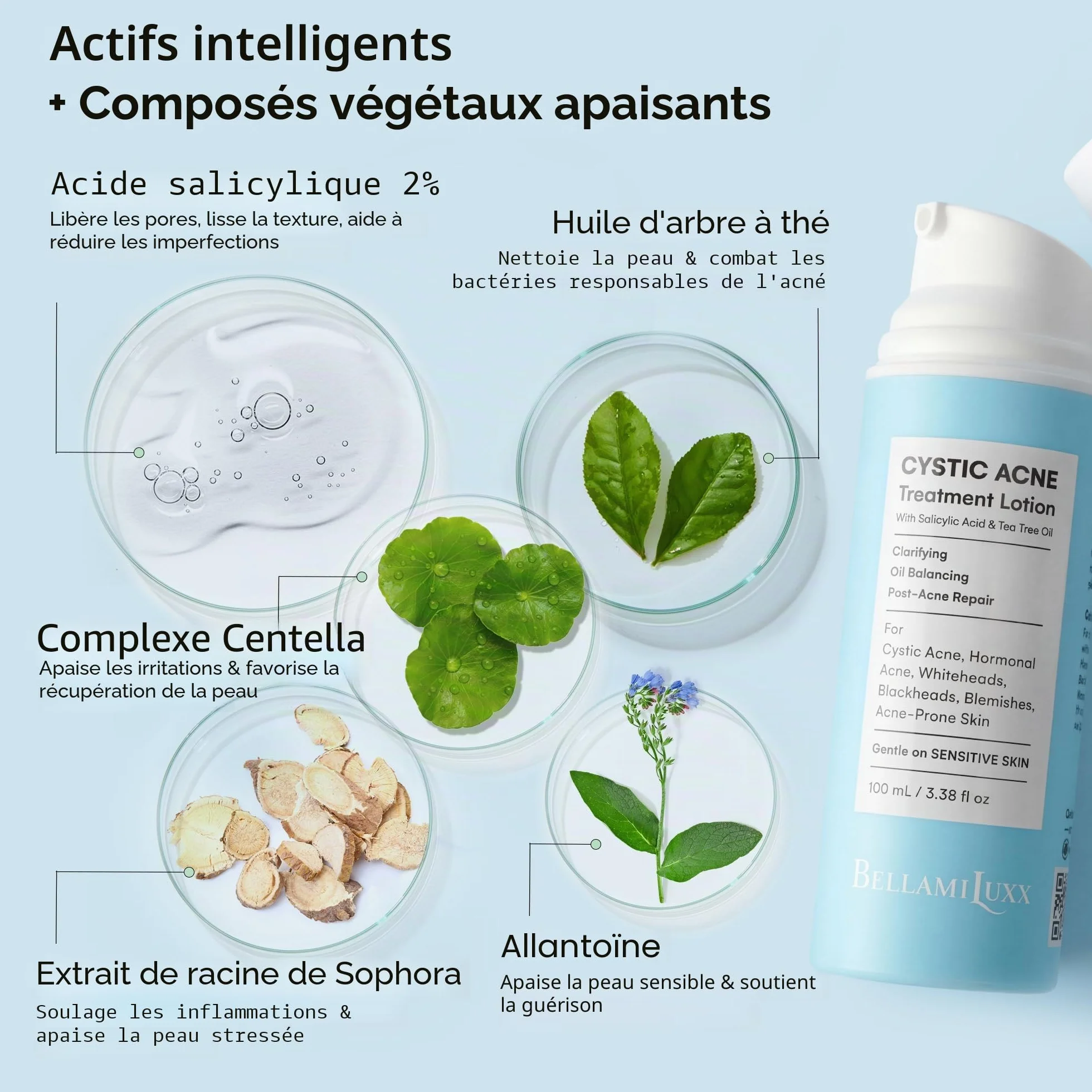 BellamiLuxx Traitement cystique de l'acné pour le visage : crème de traitement de l'acné hormonal pour adolescents et adultes - Acide salicylique et huile d'arbre à thé - Anti-acné hydratant réduit
