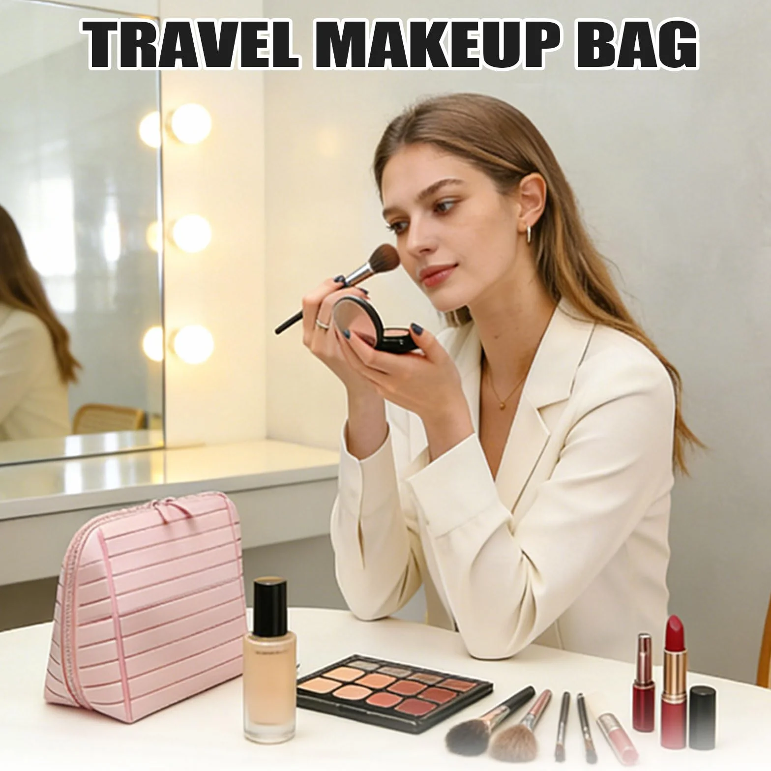 Trousse de maquillage de voyage parallèle pliable étanche avec compartiments, marron