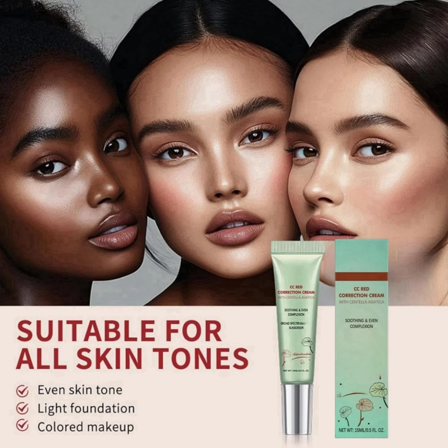 CC Correcteur Rouge à la Centella Asiatica, Anti-cernes Pores Invisibles, Crème CC Légère avec SPF 25, Anti-imperfections, Rougeurs et Marques d'Acné