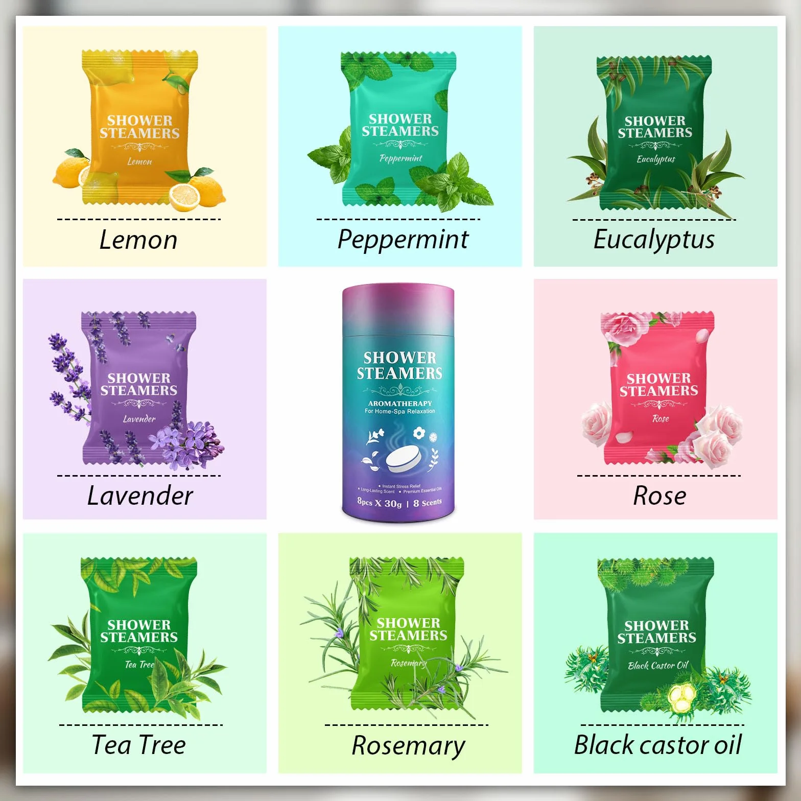 Set de vapeurs de douche d'aromathérapie 8 comprimés huiles essentielles premium soulagement du stress relaxation