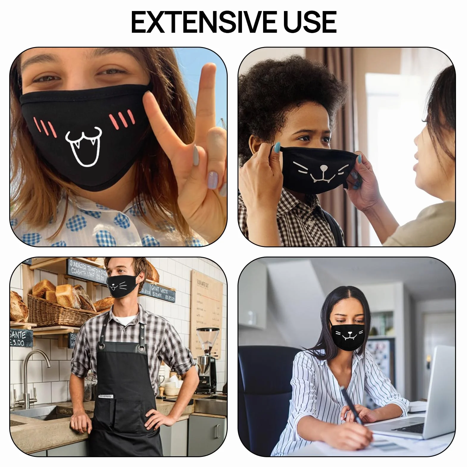 Lot De 4 Masques Faciaux Femboy Noirs Avec Motifs De Dessins Animés Anti Poussière En Coton