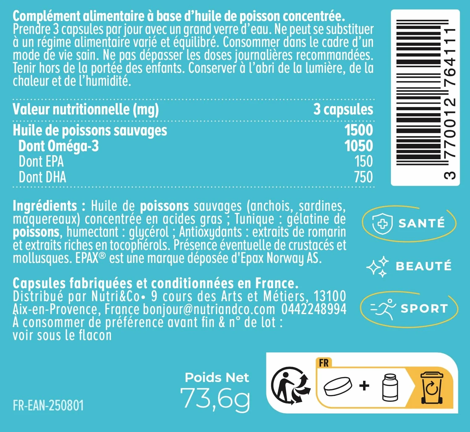NUTRI & CO Omega 3 Huile de Poissons Sauvages EPAX® EPA DHA Vitamine E 120 capsules