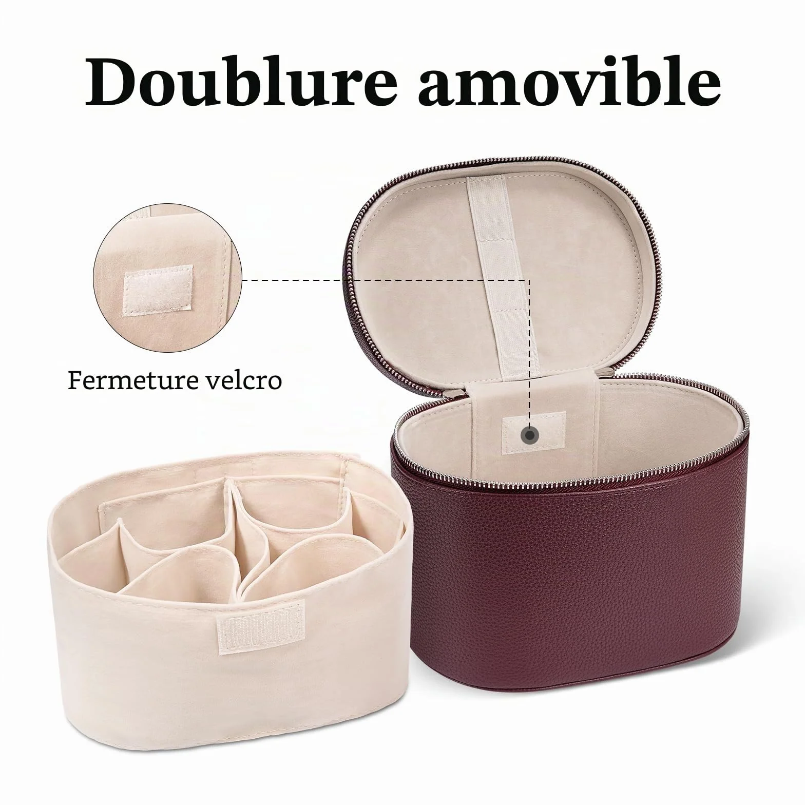 Trousse de Maquillage Femmes Sac Cuir Voyage Rigide avec Compartiments Poignée