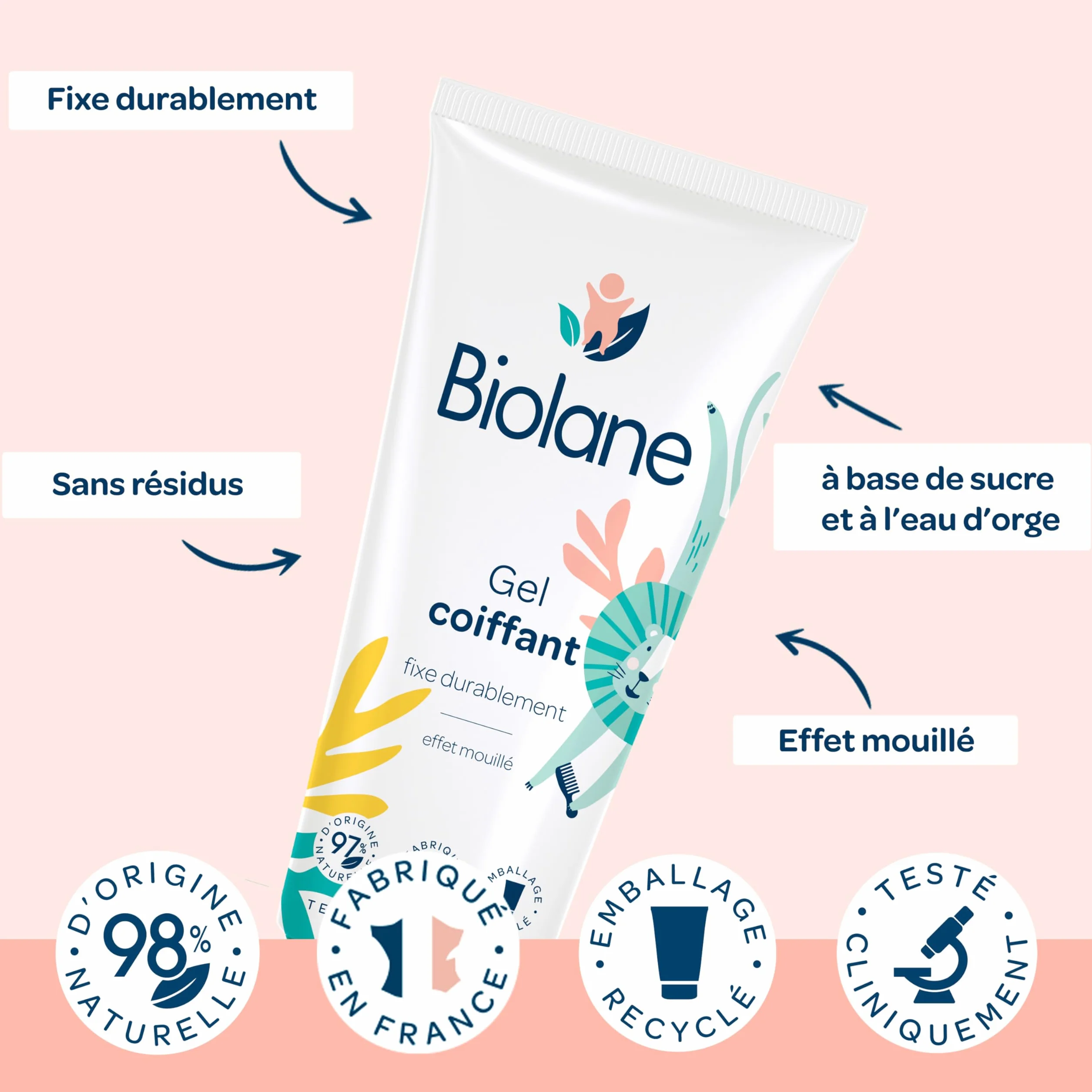 BIOLANE Gel Cheveux Coiffant Effet Mouillé Fixe Cheveux Fins 100ml Fabriqué en France