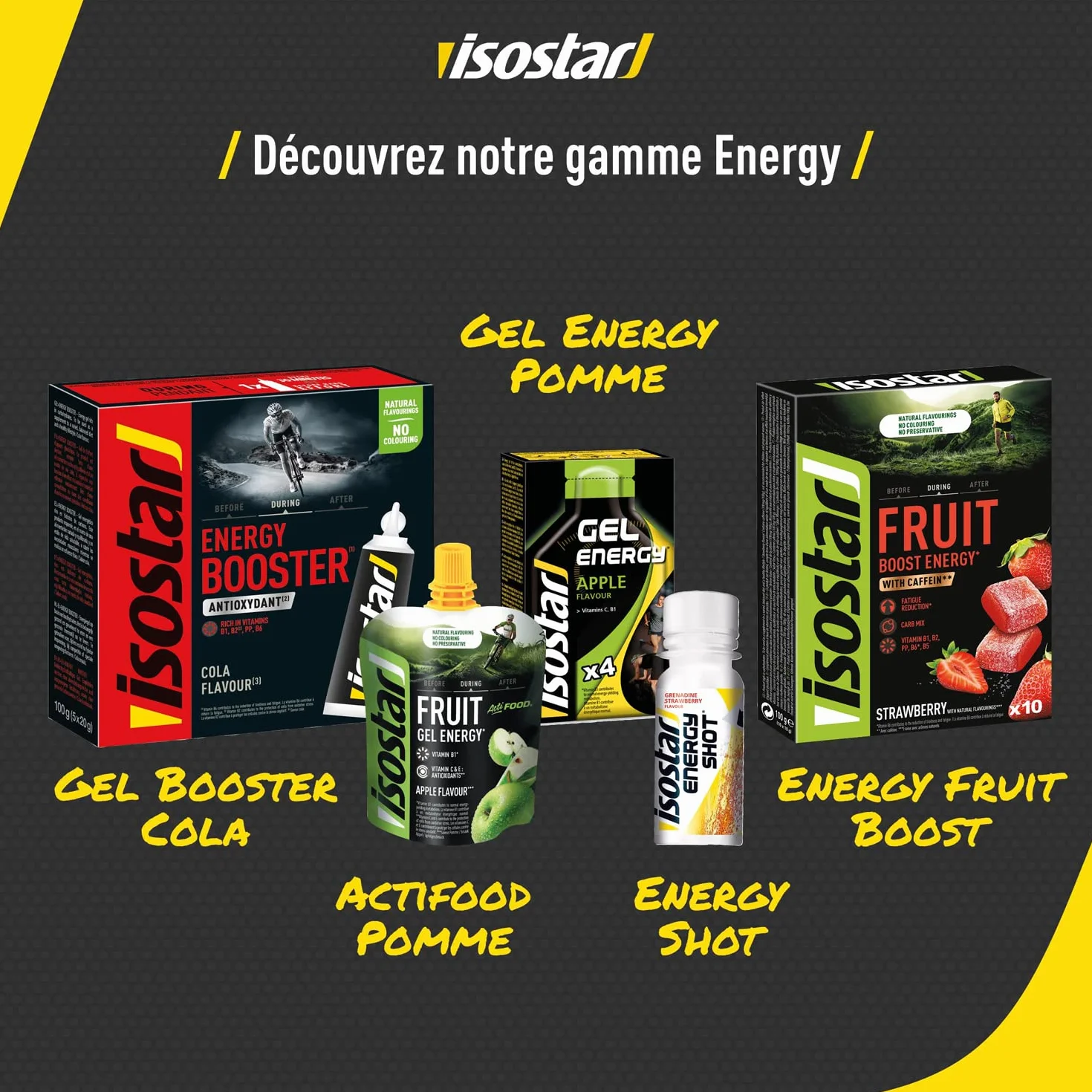 ISOSTAR Energy Fruit Boost Pâtes de Fruits Sport Saveur Fraise Réduction Fatigue Caféine Arôme Naturel Sans Colorant Sans Conservateur 1 Boîte 10 Carrés 10 x 10 g