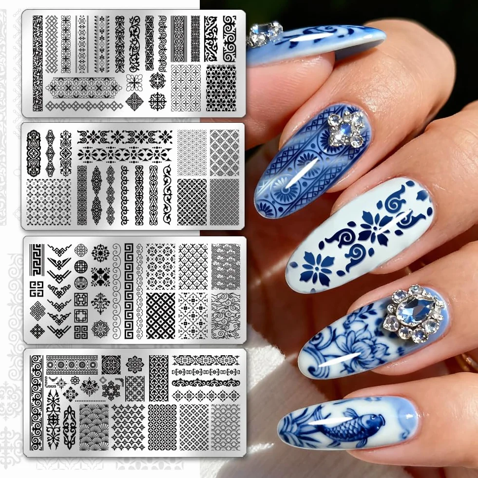 PH PandaHall 4pcs Plaque de Tampon à Ongles à Motifs de Style Chinois Modèle D'Art D'Ongle à Longue Bande Rétro Motifs Floraux Pochoirs à Ongles Bordures Traditionnelles pour Femmes Manucure Décor
