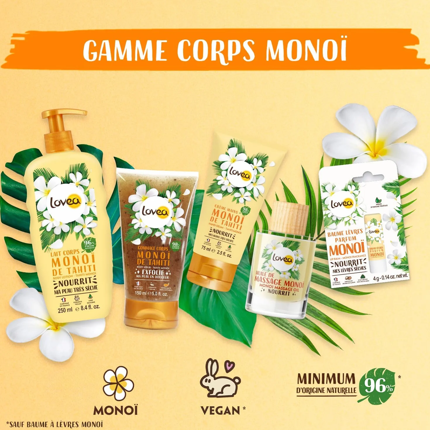 LOVEA Lait Corps Monoï de Tahiti Nourrit Adoucit Peaux Très Sèches 96% Origine Naturelle Sans Silicone Vegan 250 ml