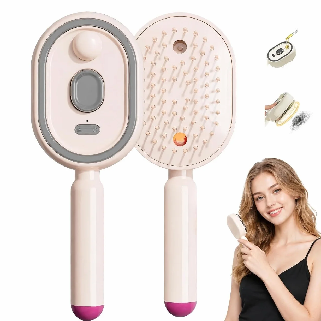 Peigne Electrique,Brosse à Vapeur éLectrique Fer à Lisser à Vapeur Rechargeable Avec Spray Peigne DéMêLant Antistatique Massage à Coussin D'Air Outil de Coiffure Portable Sans Fil，Rose