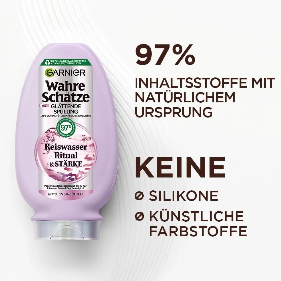 Garnier Wahre Schätze Lot de 3 Soin Lissant à l'Eau de Riz Shampooing 250 ml Après-shampoing 200 ml Cure 340 ml