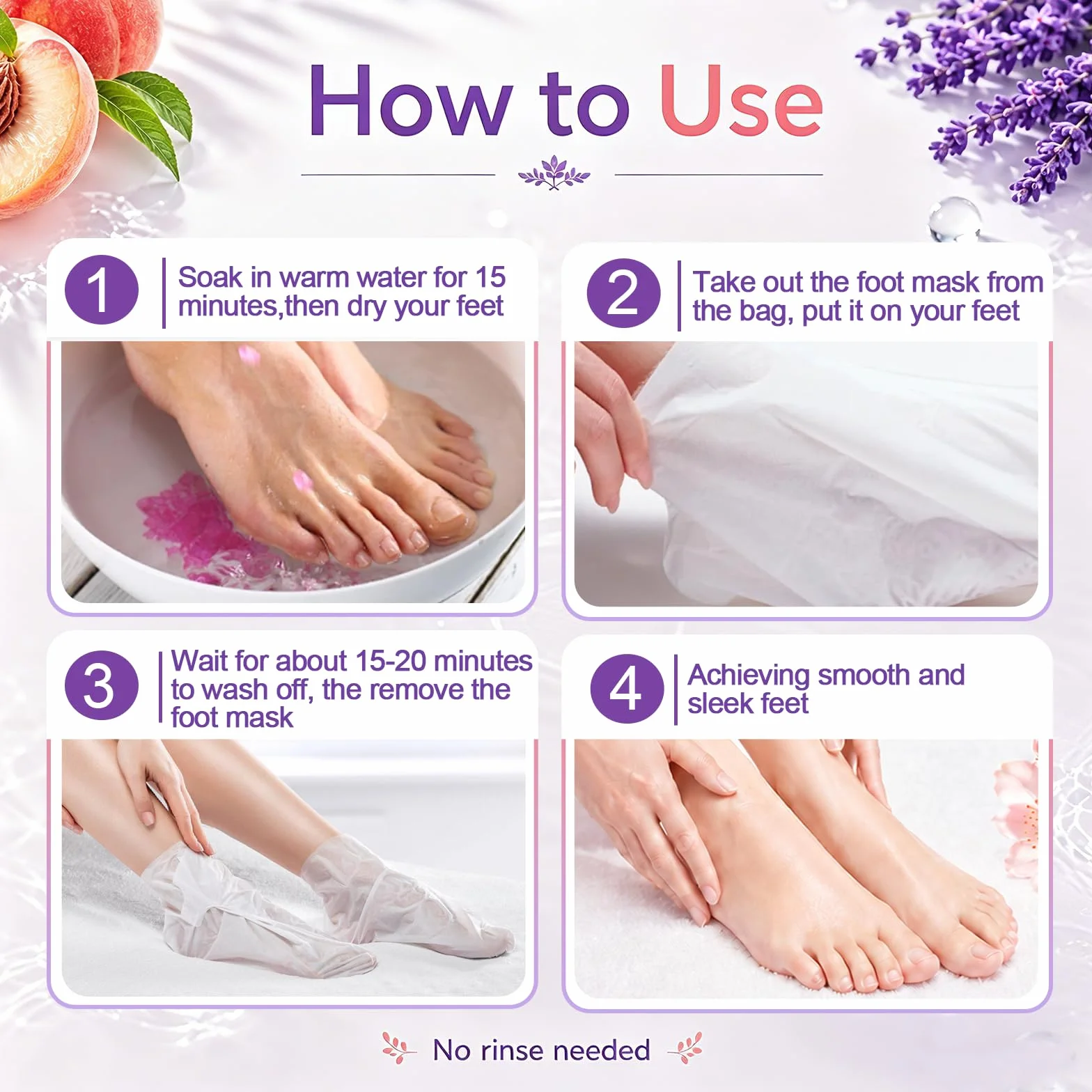 Masque Pied Peeling 2 Paires, Masque Hydratant pour Les Pieds, Soins Pieds, Pêche et Lavande