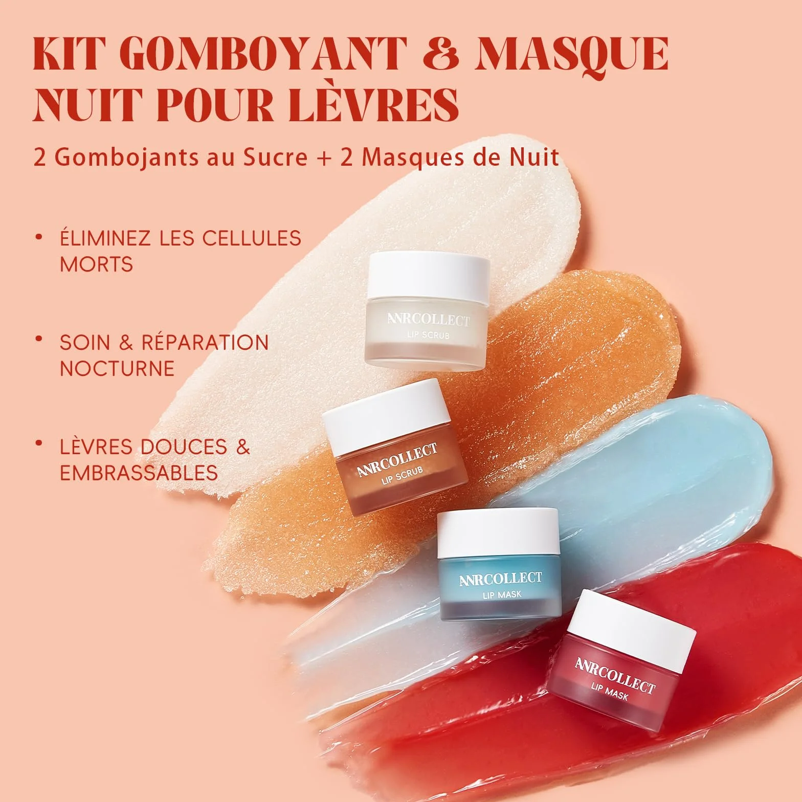 ANRCOLLECT Lot de 4 gommages et masques pour lèvres, hydratation intense lèvres sèches gercées