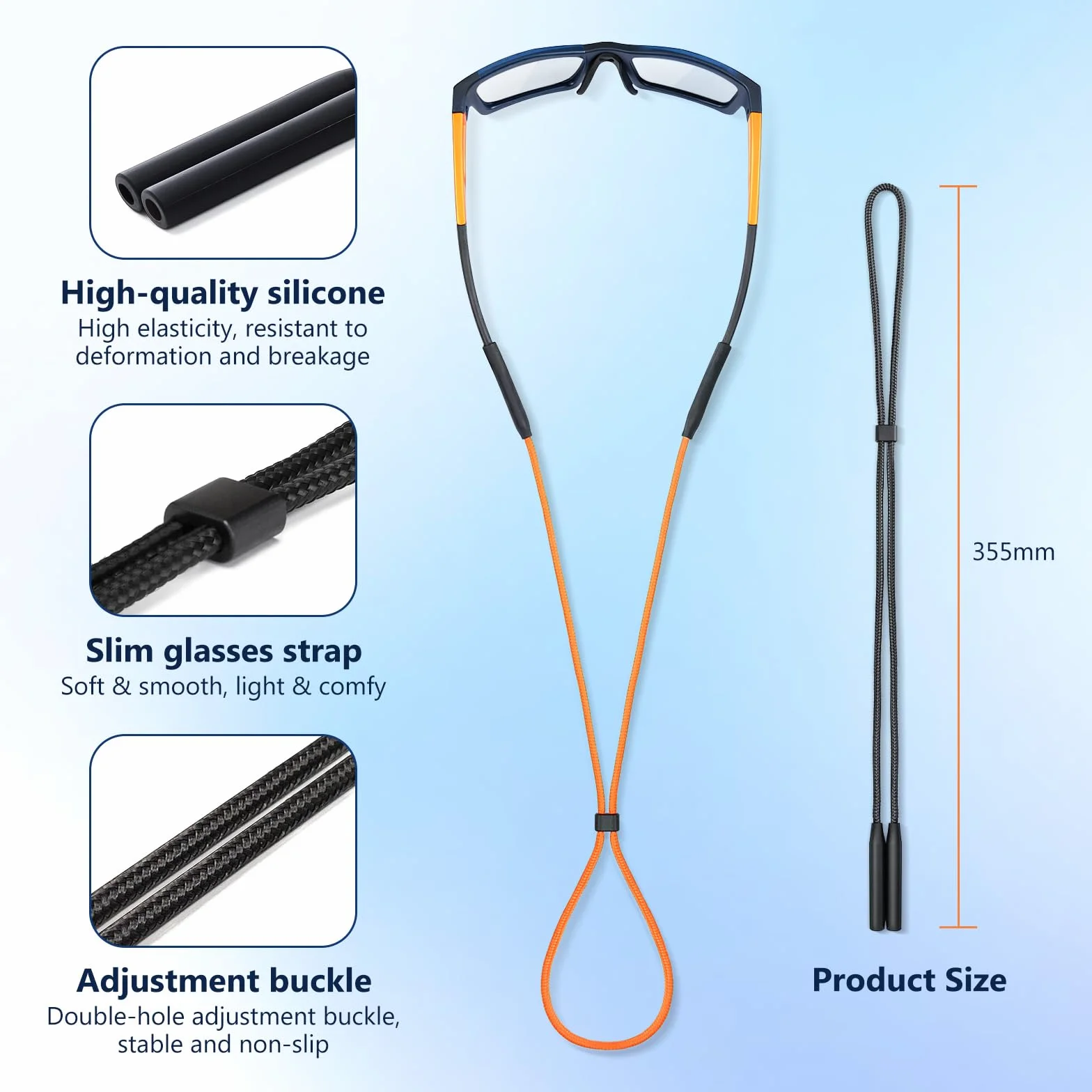 Cordon de lunettes réglable en nylon avec embouts en silicone pour lunettes de vue et de soleil