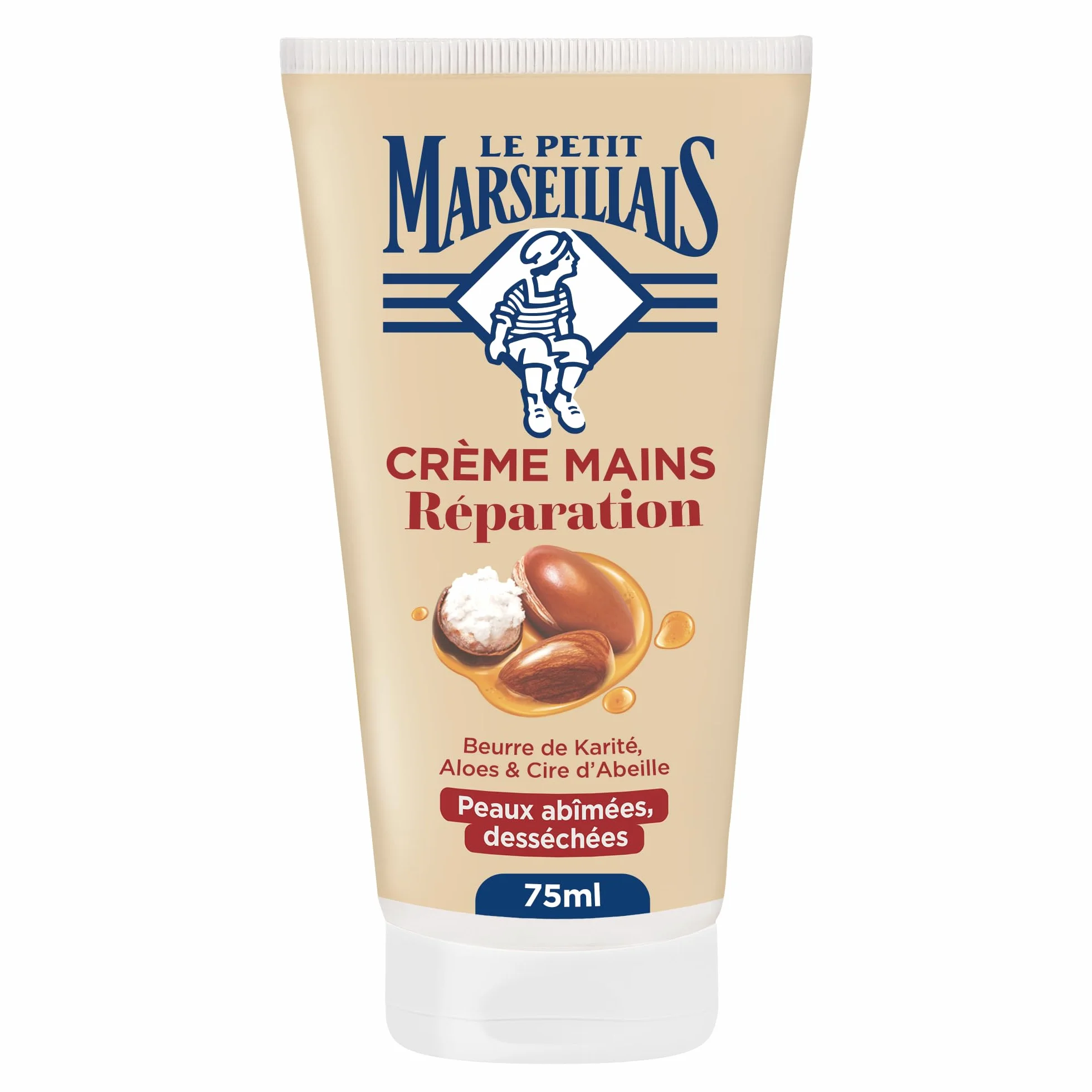 Le Petit Marseillais Crème Mains Réparation Peaux Abîmées et Desséchées 75 ml – Crème réparatrice au beurre de karité, aloès et cire d'abeille