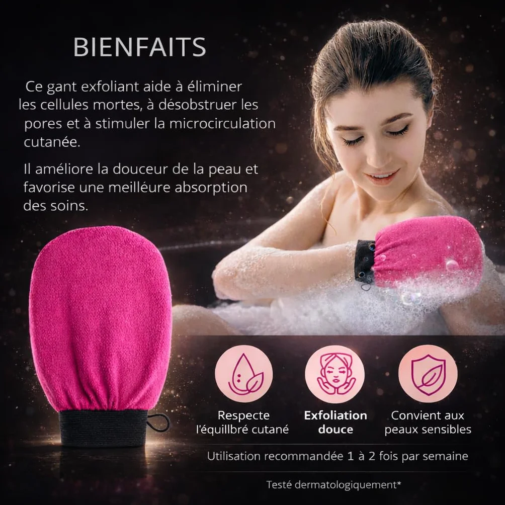 Gant Exfoliant Kessa - Gant De Crin Gommage Corps Et Visage - Nettoie Et Purifie En Profondeur (Noir/Rose, Standard)