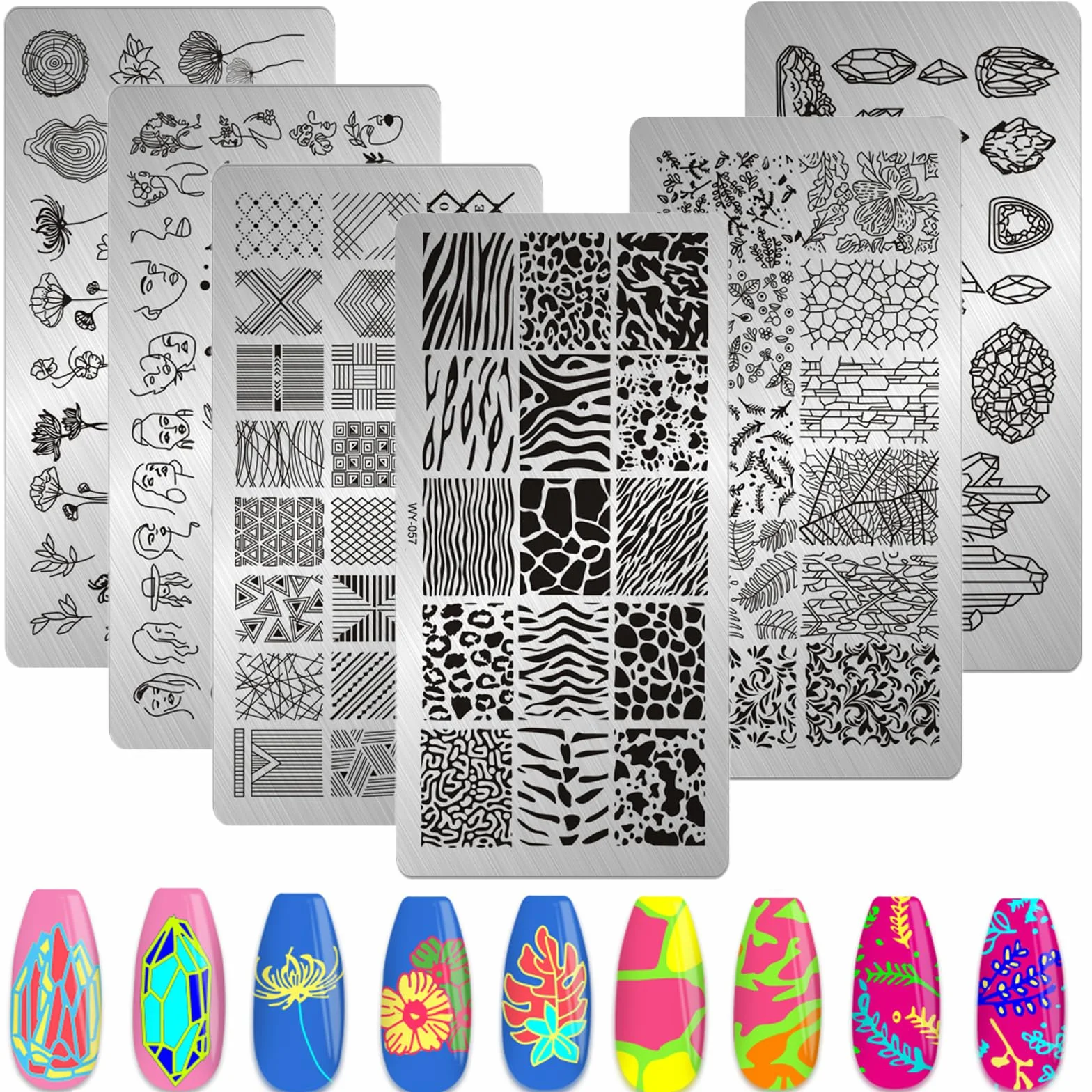 MWOOT 6 Pièces Nail Art Plaques Stamping, Nail Stamping Plate d'estampage avec Imprimé Léopard Géométrie Fleur Feuille Cristal, Tampon Ongle Nail Art pour Femmes Starter