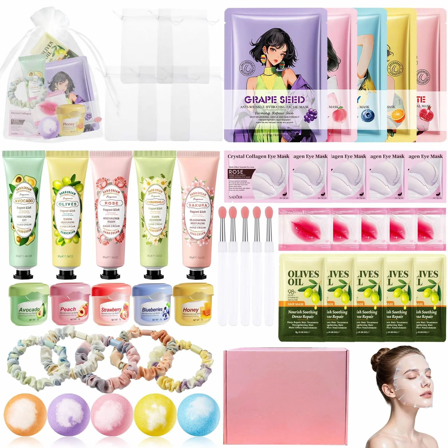 Coffret Cadeau Femme Spa 50 Pièces Bain Soins Masques Visage Patchs Yeux Crème Mains Baume Lèvres Bombes Bain Élastiques