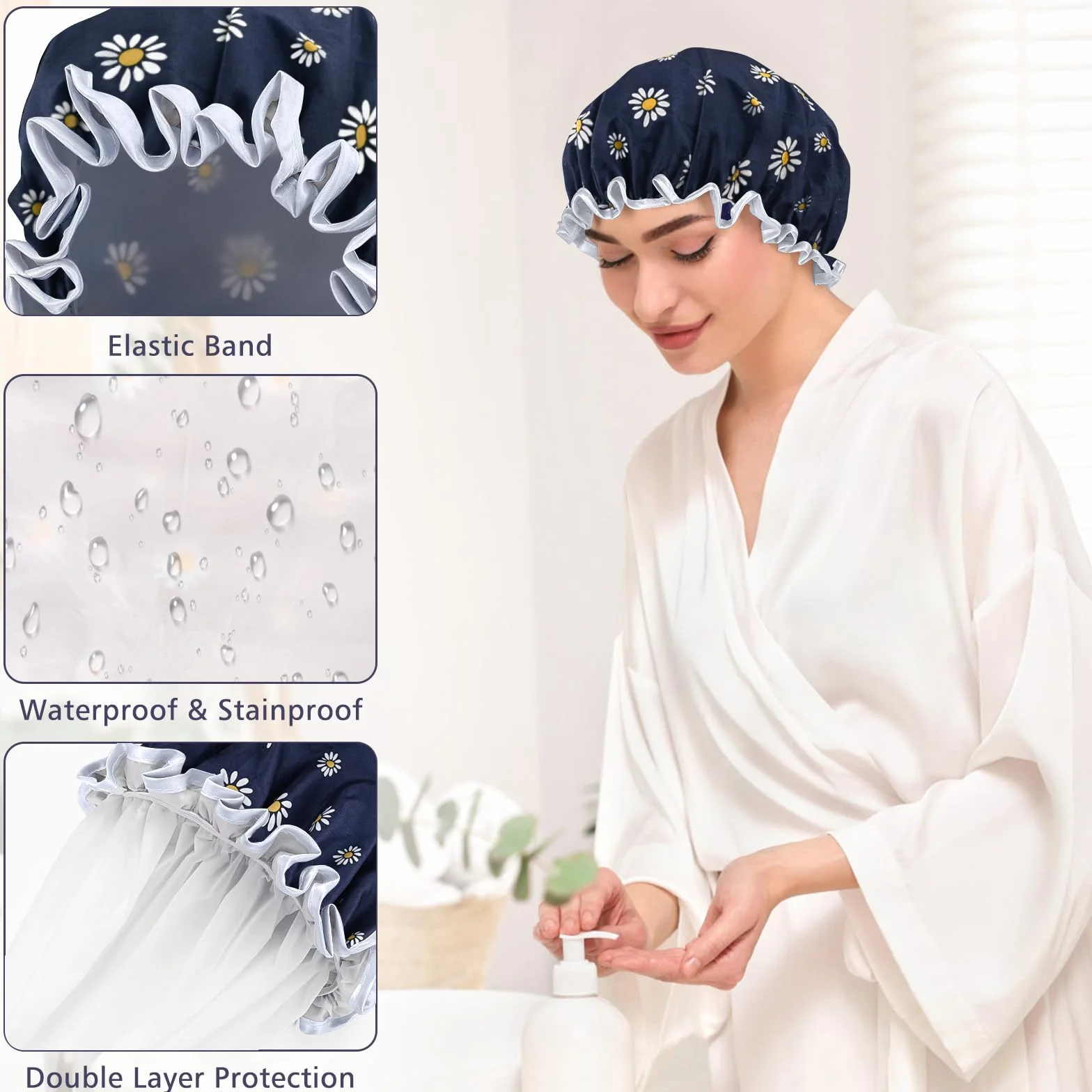 Bonnet de douche imperméable double couche pour femme motif floral unique réutilisable Marguerite Bleu Foncé
