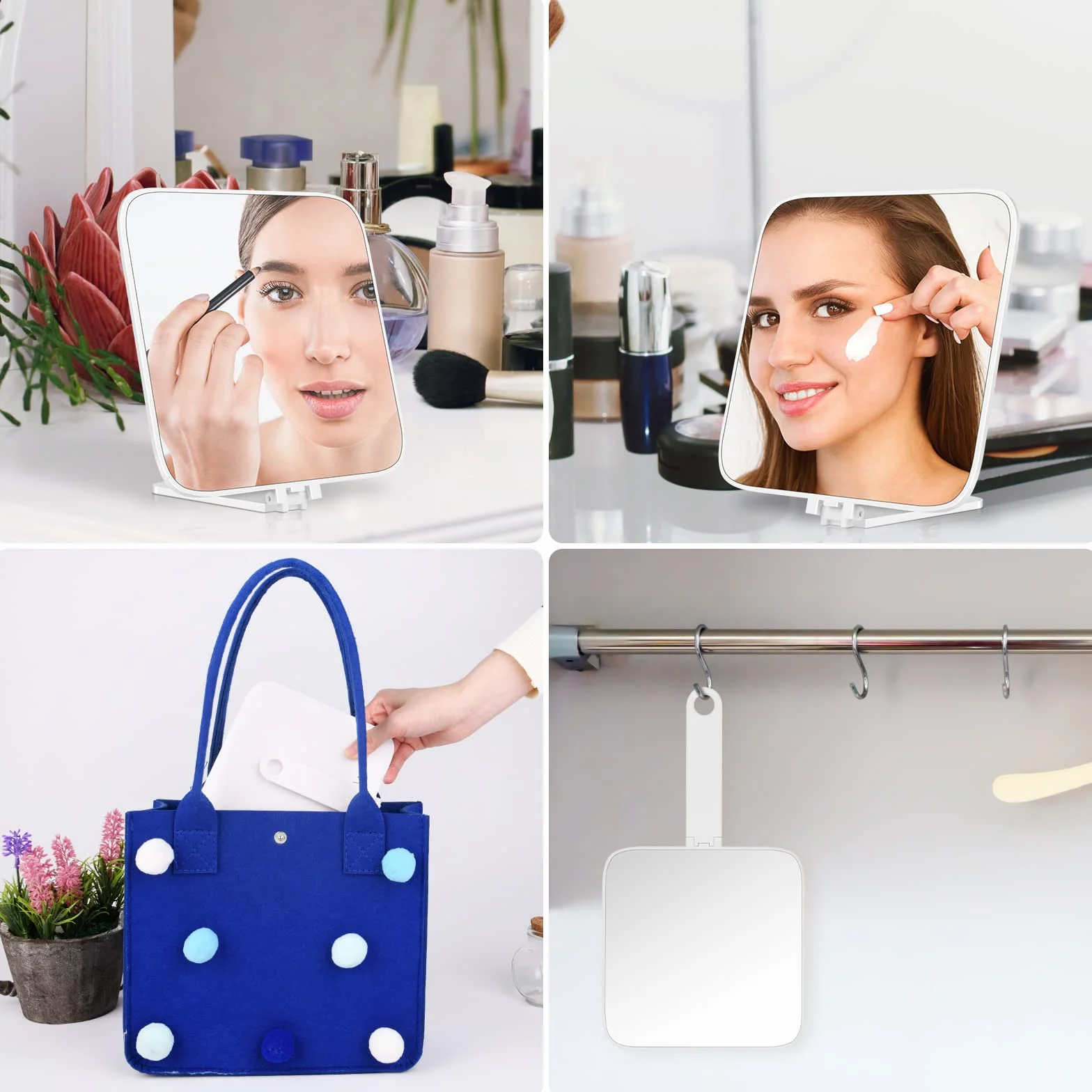 Miroir à Main avec Poignée Pliante et Support, Miroir de Courtoise Polyvalent pour Voyage, Salle de Bain, Maquillage