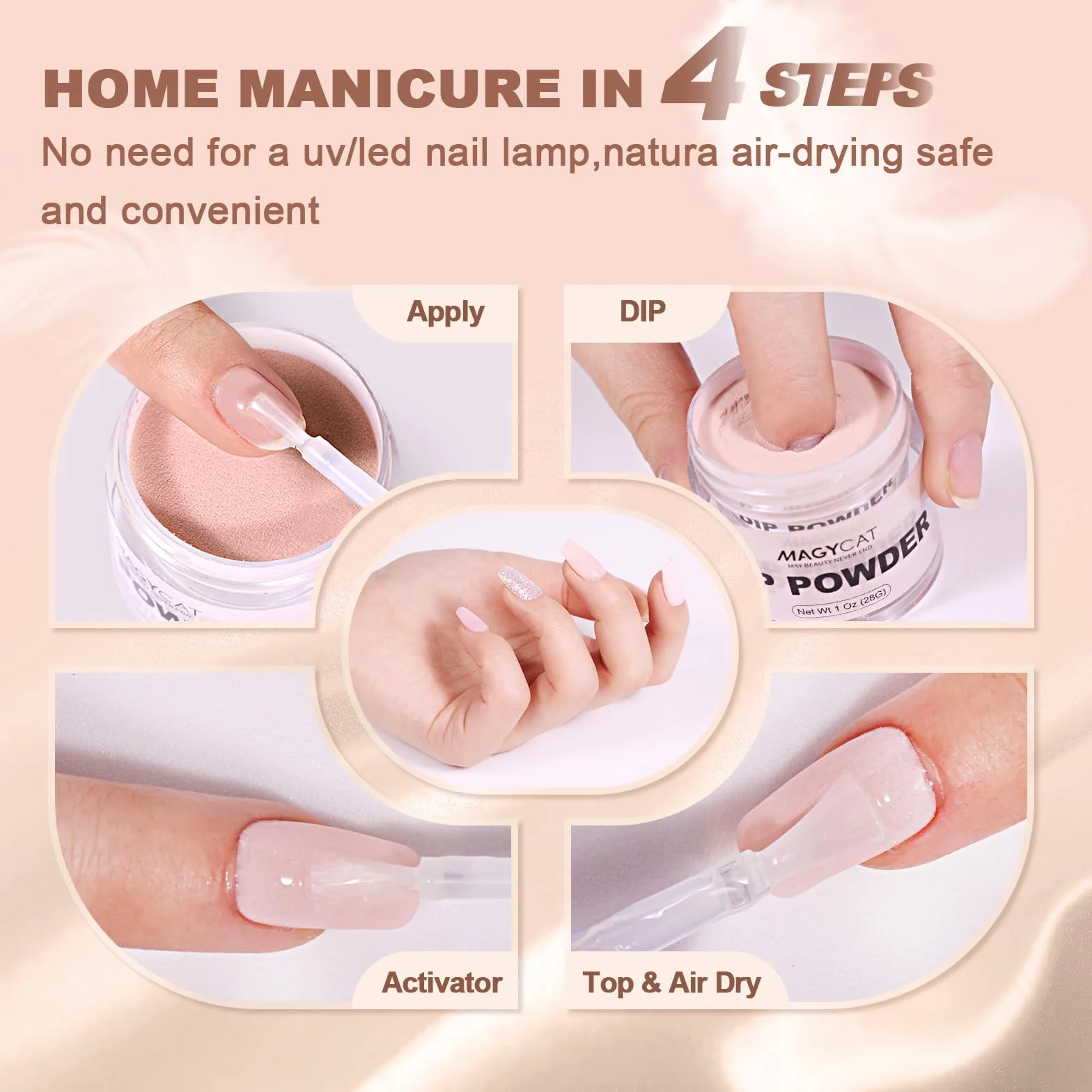 Kit de trempage pour ongles - Lot de 8 poudres - Collection classique nude rose et marron - Pailletée - Sans lampe