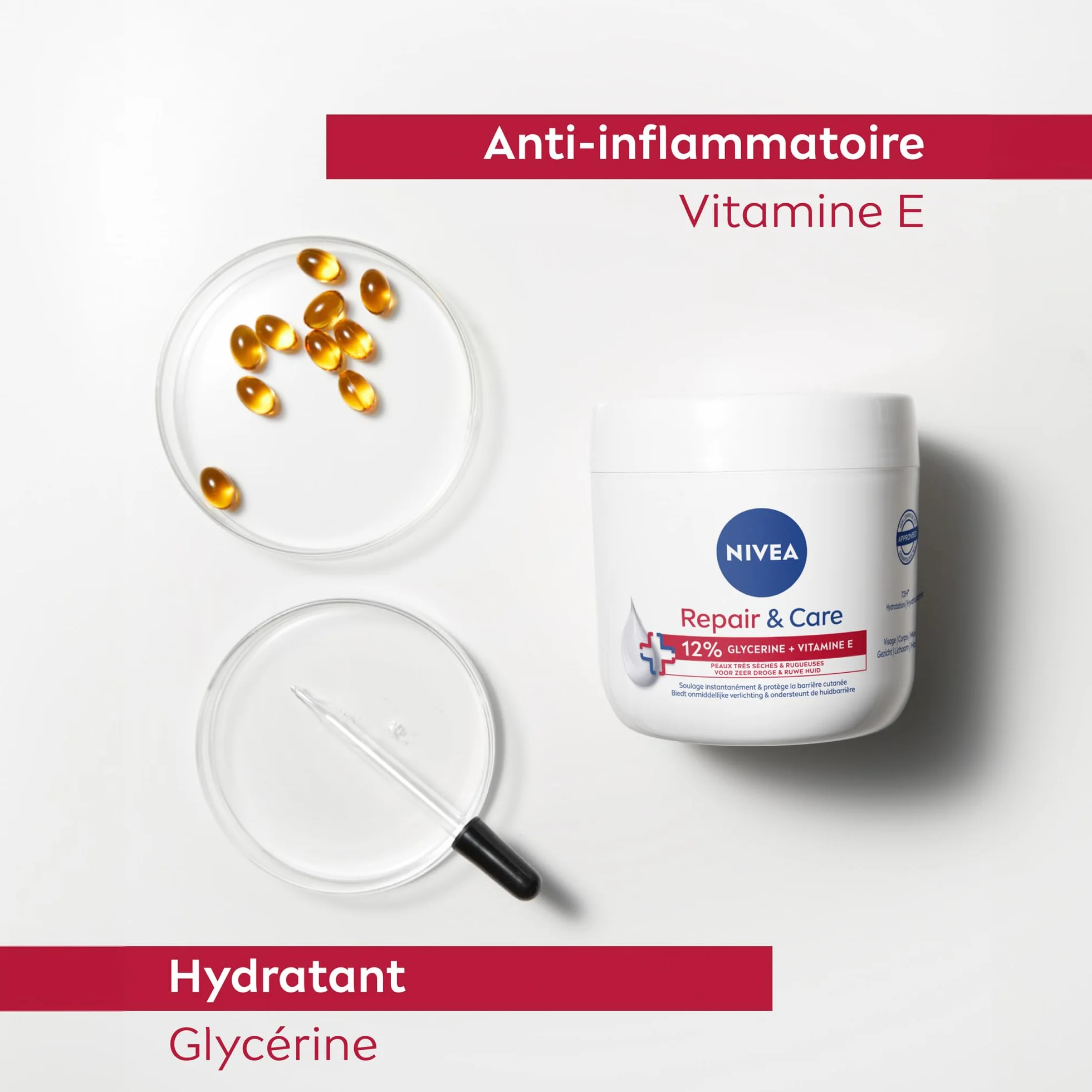 NIVEA REPAIR & CARE Baume Réparateur Visage Corps Mains Peaux Très Sèches 400 ml Crème Vitamine E Glycérine Soin Hydratant 72H