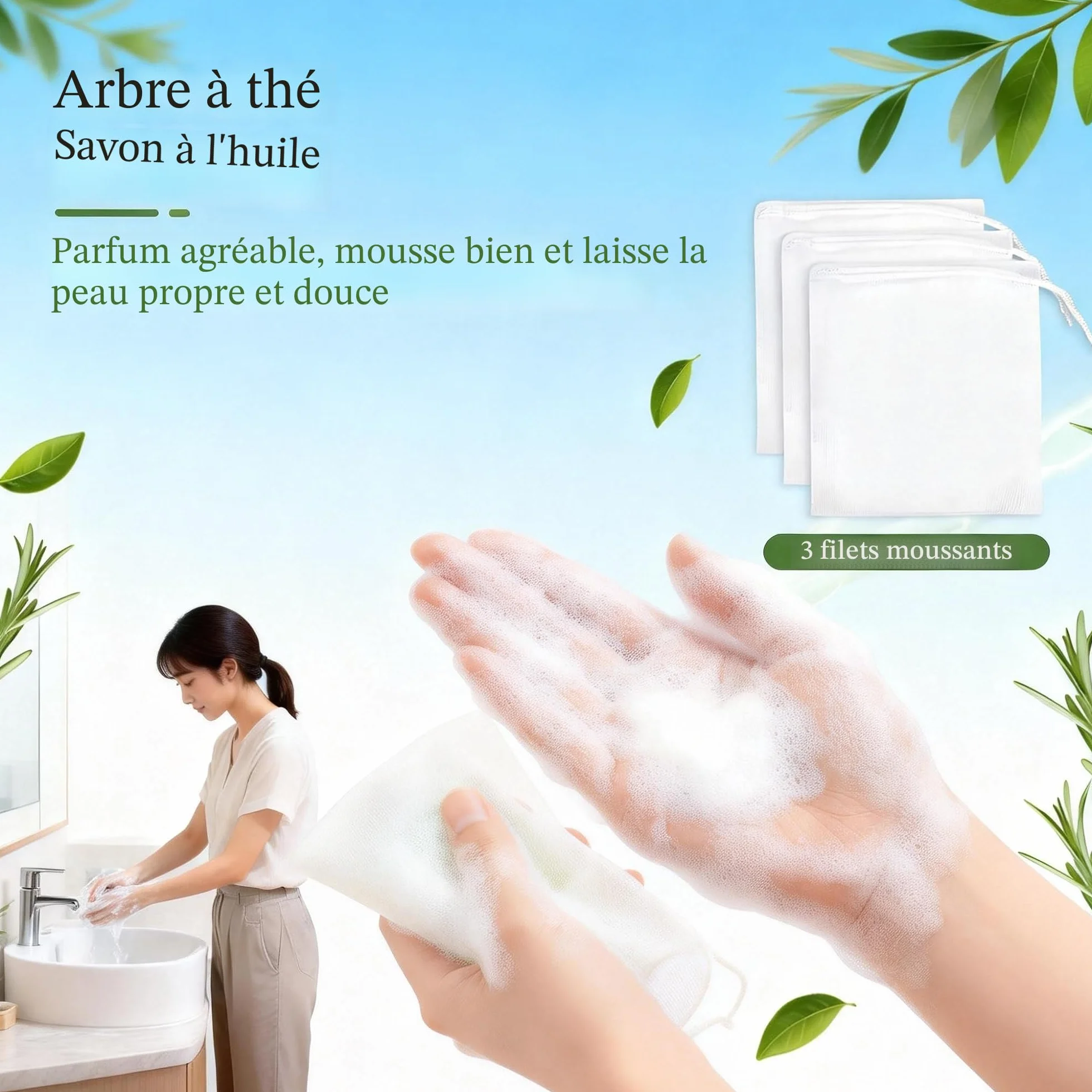 Savon nettoyant à l’huile d’arbre à thé – Lot de 3, purifiant visage corps mains, peaux grasses imperfections