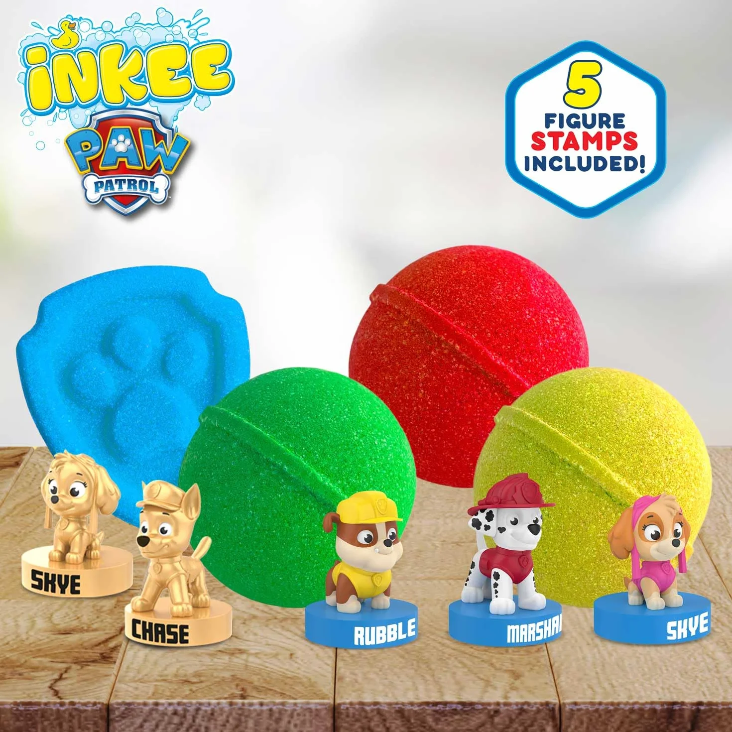 INKEE Coffret de bain PAT PATROUILLE - Set de bain avec 4 boules de bain et 5 figurines Pat Patrouille, Bombes de bain surprise parfumées à l'huile d'amande douce