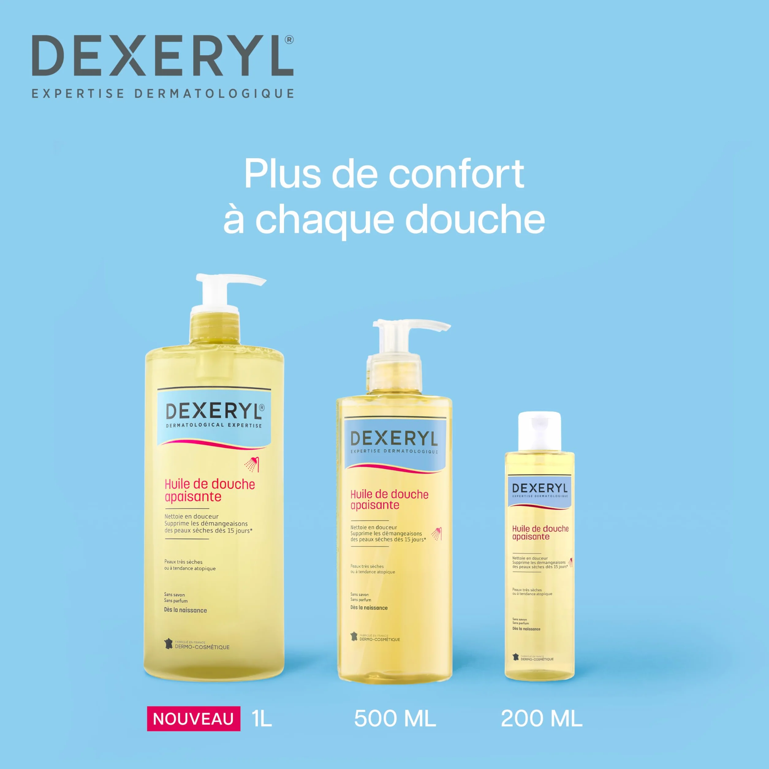 DEXERYL Huile de Douche Apaisante 1L Peaux Très Sèches Atopique Sans Savon Sans Parfum