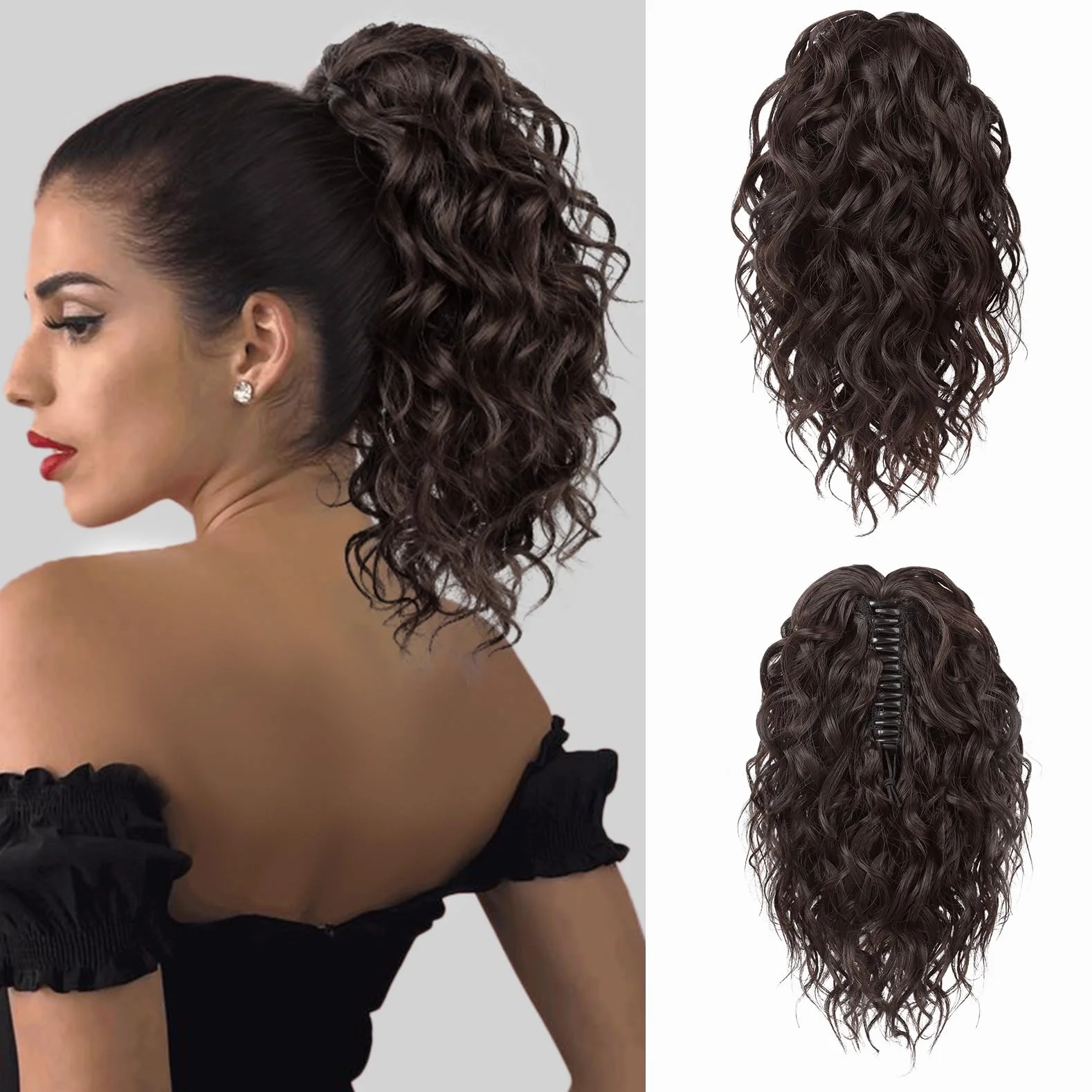 Flufymooz Extension de queue de cheval, 30,5 cm, queue de cheval courte à pince, ondulée et bouclée, clip à mâchoire pour extensions de queue de cheval, perruque synthétique naturelle pour femmes