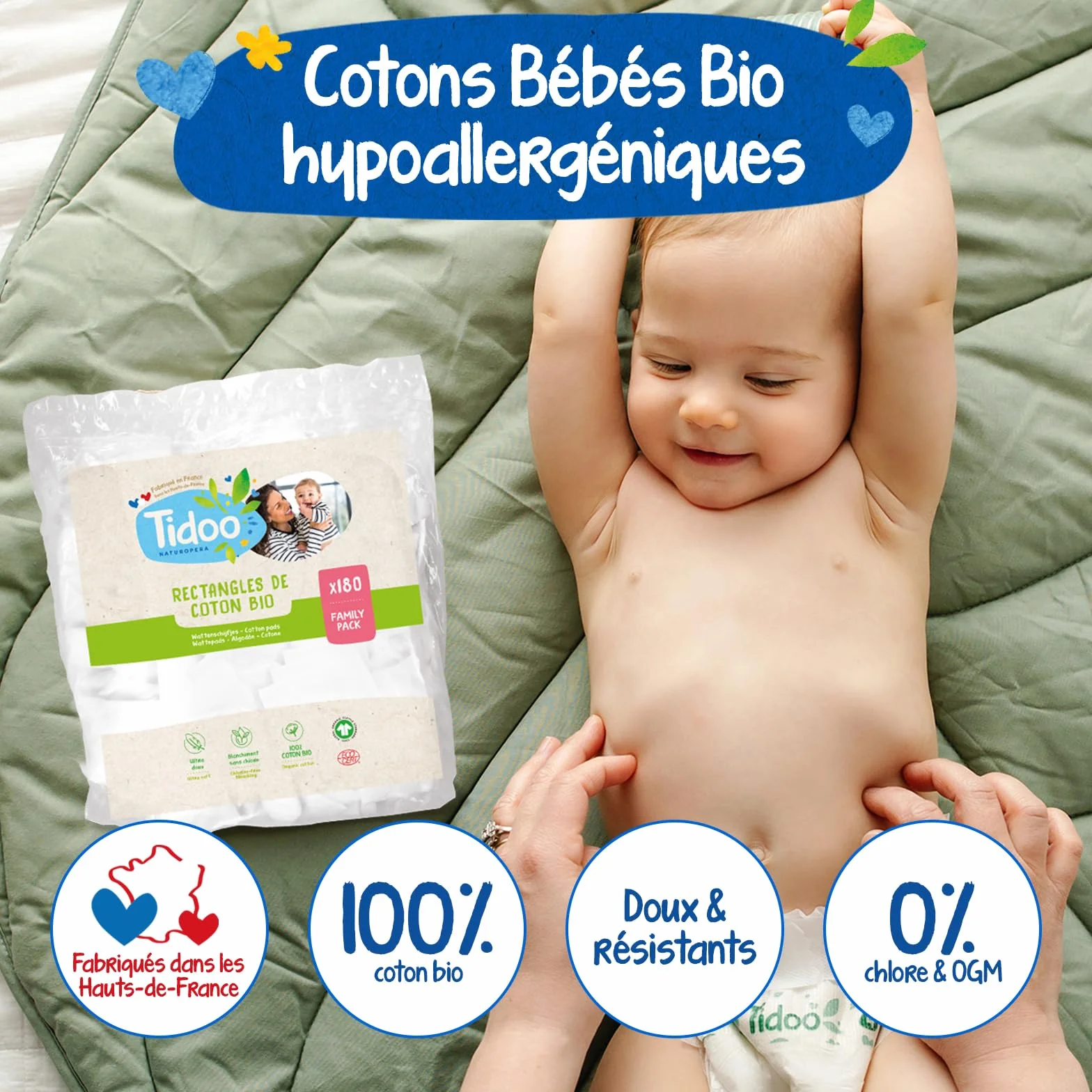 Tidoo 540 Coton Pads Bébé 100% Bio Ultra Doux Hypoallergéniques Peaux Sensibles Fabriqués en France
