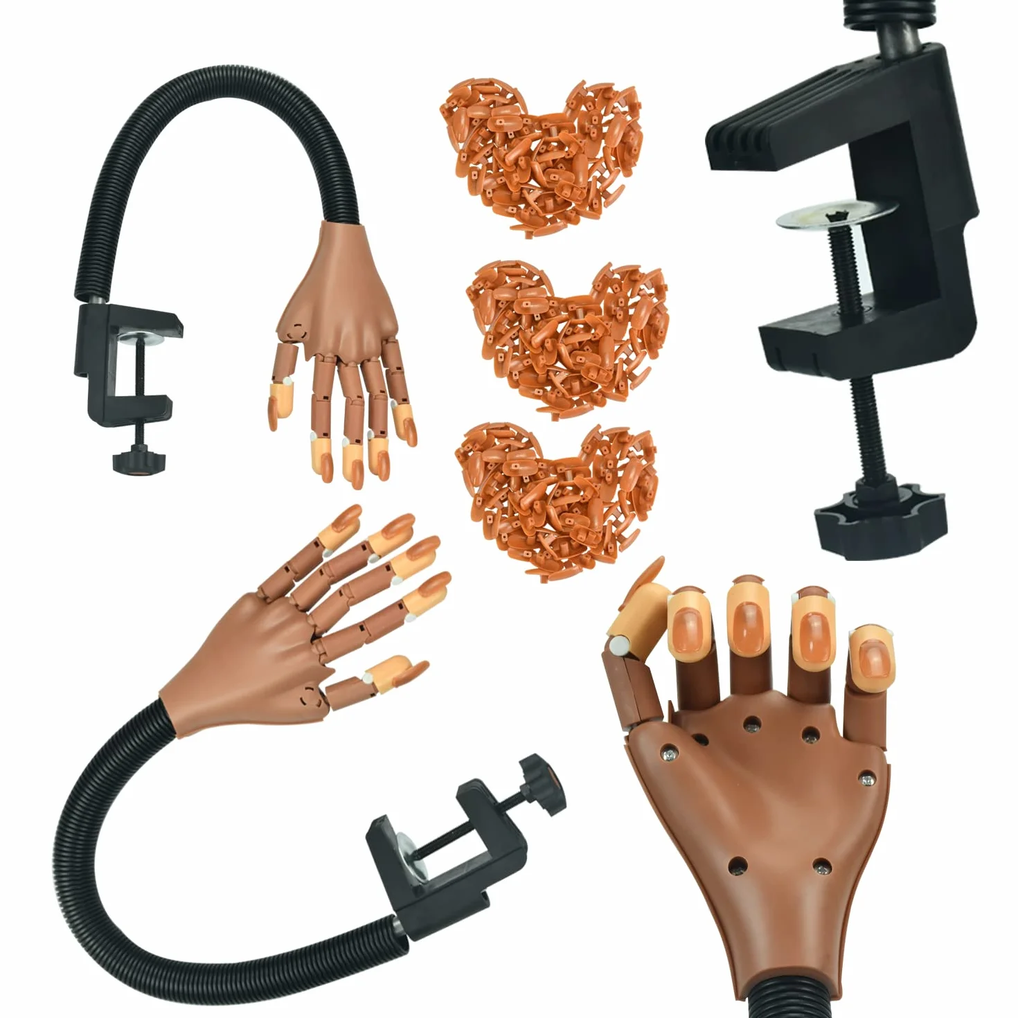 Main d'Entrainement Manucure, Faux ongles, 300 Morceaux d'Ongles et Fausse Main Manucure, Amovible Main Entrainement Ongles pour Manucure à Ongles Bricolage (brun)