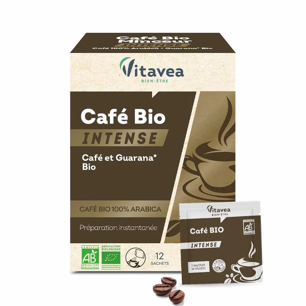 VITAVEA BIEN-ÊTRE Préparation Instantanée BIO Café Soluble 100% Arabica Extrait de Guarana BIO 12 Sachets Fabriqué en France
