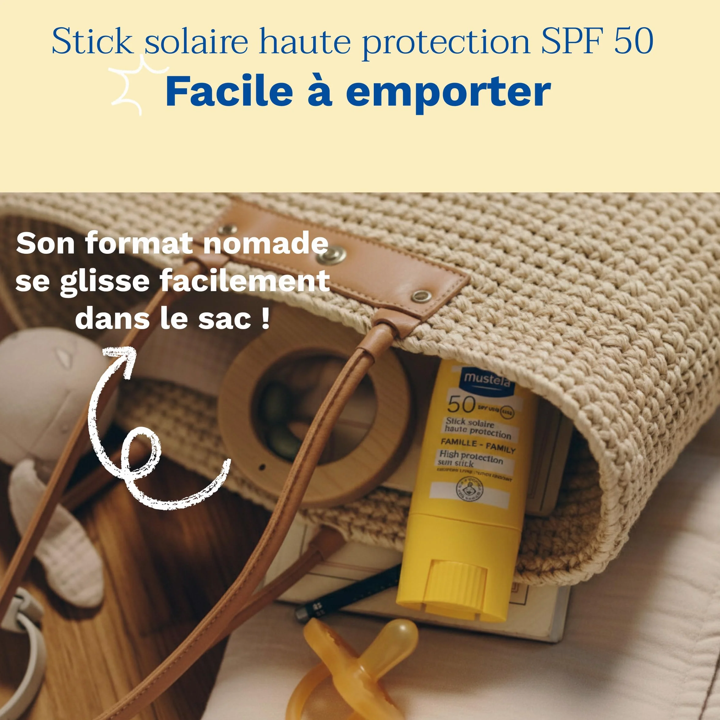 Mustela Stick Solaire SPF 50 Famille Haute Tolérance Protection Visage Corps Huile d'Avocat Résistant Eau Sable 9 ml