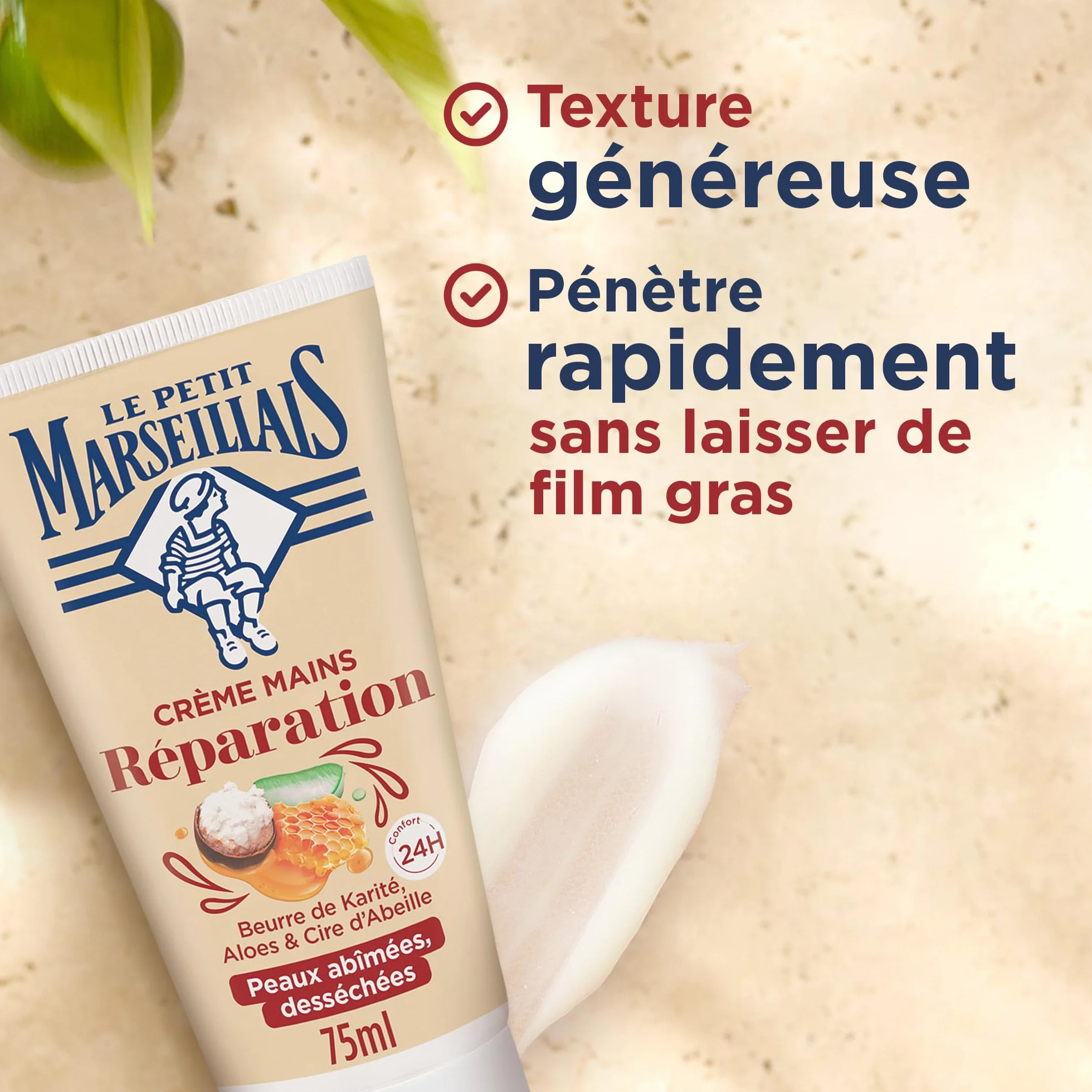 Le Petit Marseillais Crème Mains Réparation Peaux Abîmées et Desséchées 75 ml – Crème réparatrice au beurre de karité, aloès et cire d'abeille