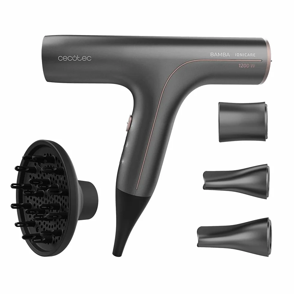 Cecotec Sèche-cheveux ionique Bamba Ionicare 6000 RockStar Soft Pro. Moteur numérique, faible consommation d'énergie, ions réels, protection extrême, fonction autonettoyante, 4 accessoires.