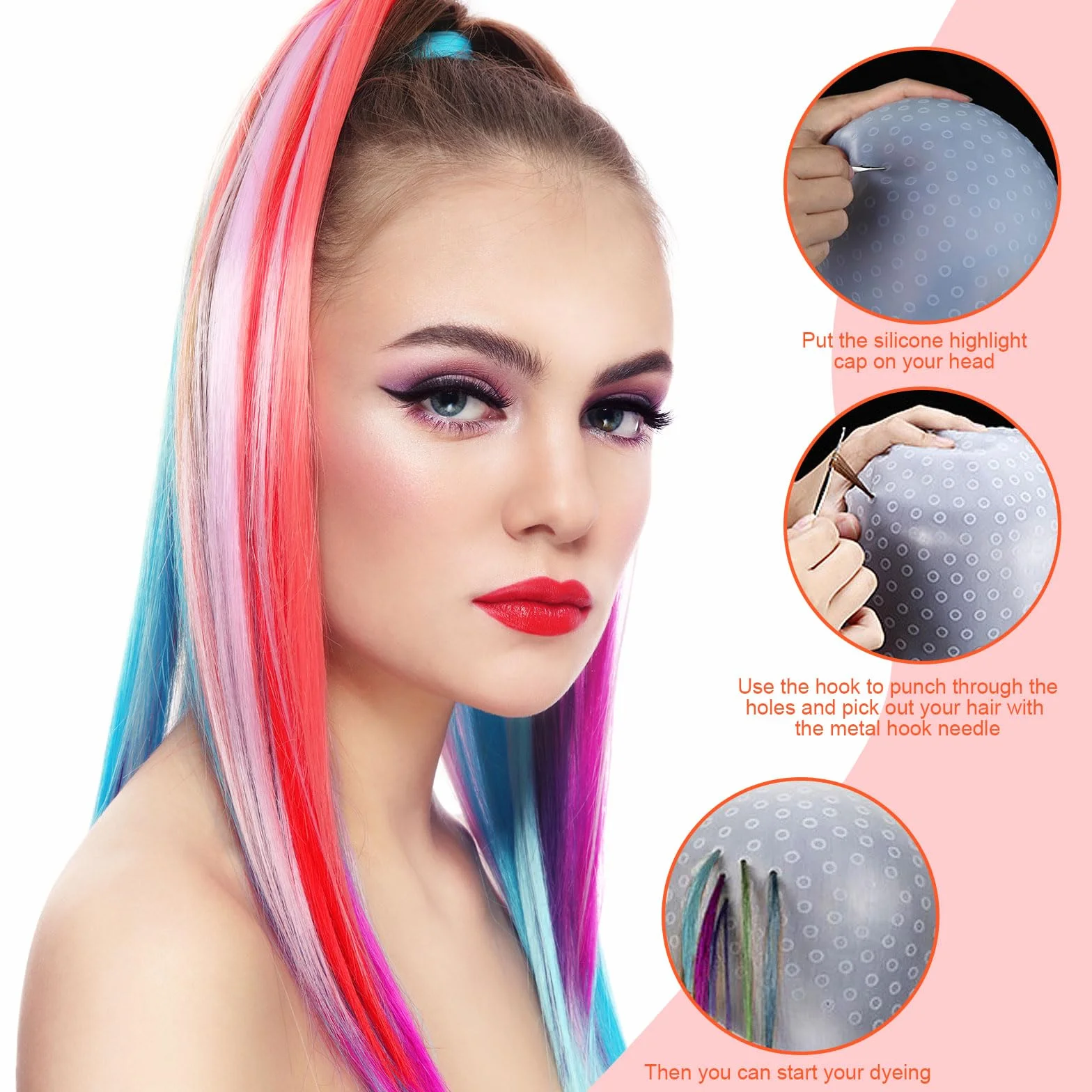 Bonnet à Mèches en Silicone 4 Pièces avec Crochet, Chapeau de Coloration Reutilisable, Outils de Coiffure Blanc