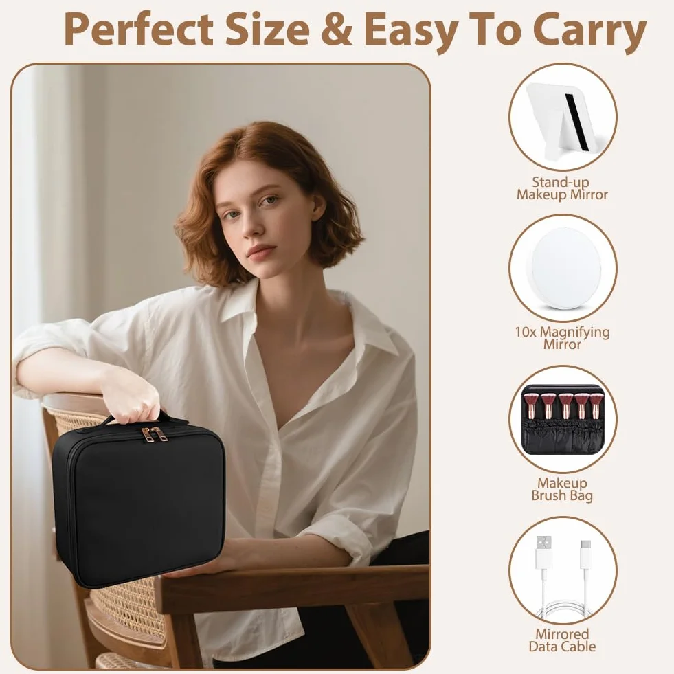 Trousse de Maquillage avec Miroir Lumière LED 3 Couleurs, Séparateurs Réglables, Voyage Portable Grande Capacité, Noir