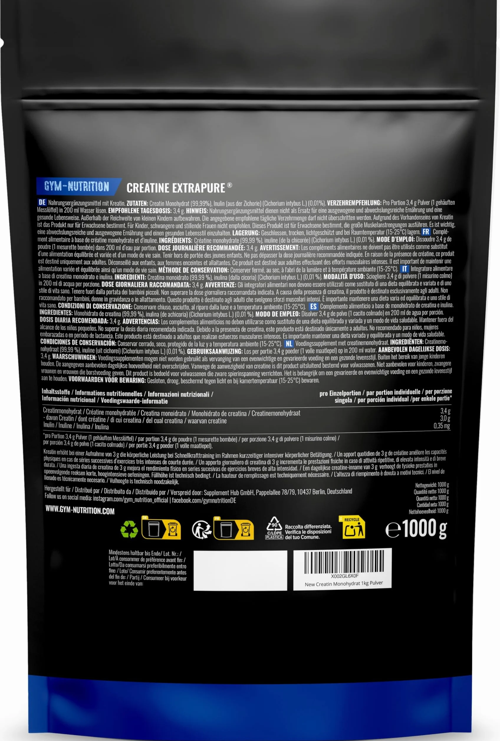 Creatine Monohydrate Poudre 1kg EXTRAPURE® Vegan Produit en Allemagne