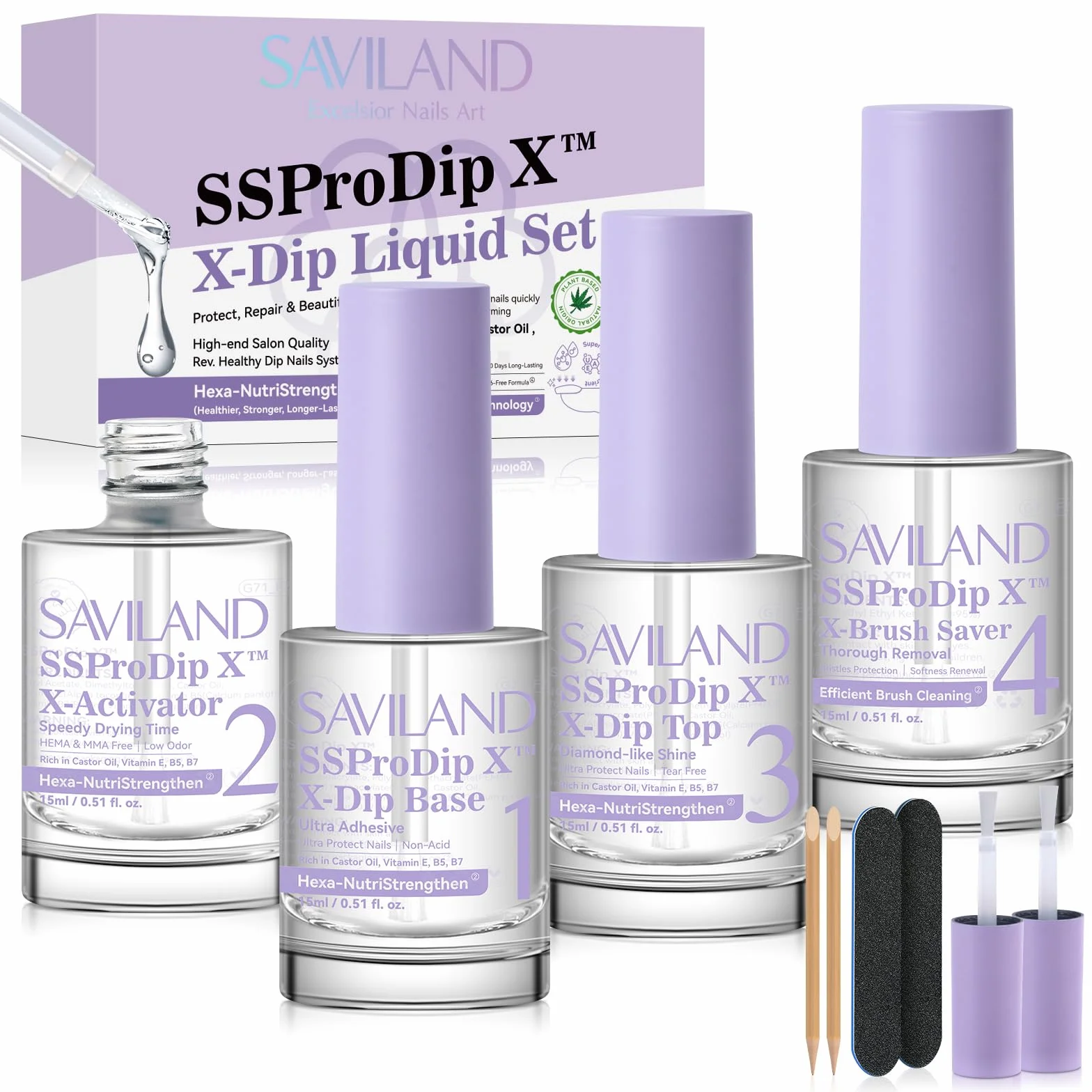 Saviland SSProDip X™ Kit Liquide de Dip Powder: Base et Finition, Protège-Pinceau, Outils à Ongles, Ensemble 15ml