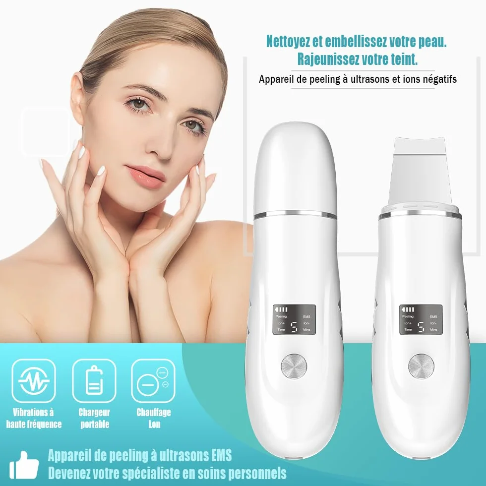 Pinkiou Épurateur de Peau, Blanc | Spatule Point Noir, 4 modes, Nettoyage en profondeur des pores, Grattoir portable, Station de Charge Type-C