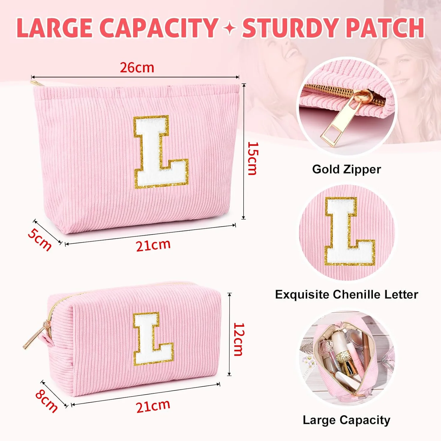 Pochette Cosmétique Rose en Velours Côtelé avec Initiales, Sac à Cosmétiques Grande Capacité Trousse de Toilette de Voyage pour Femmes Filles Cadeaux